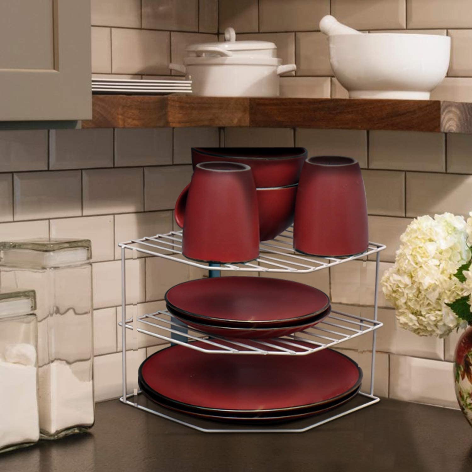 Stainless Steel 3-Tier Corner Kitchen Organizer - Dish Rack, Storage Shelf & Utensil Holder for Pots, Pans & Cookware | Space-Saving Cabinet Organizer for Small Kitchens & Apartments | Perfect for Countertop, Pantry & Cupboard Organization