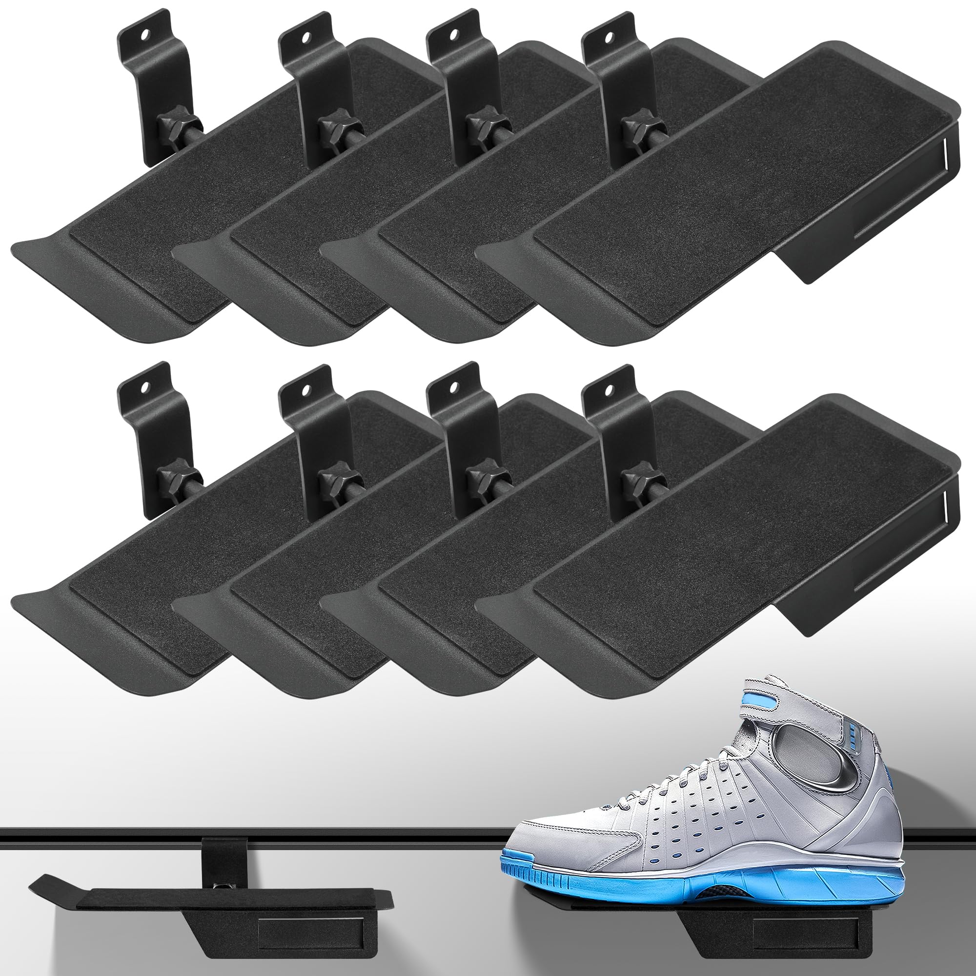 8 Pack Adjustable Slatwall Shelves for Shoes - Sponge Padded Tilt Shelving with Slat Wall Panels - Retail Store Display & Organization Accessories - Perfect for Shoe Storage and Retail Merchandising