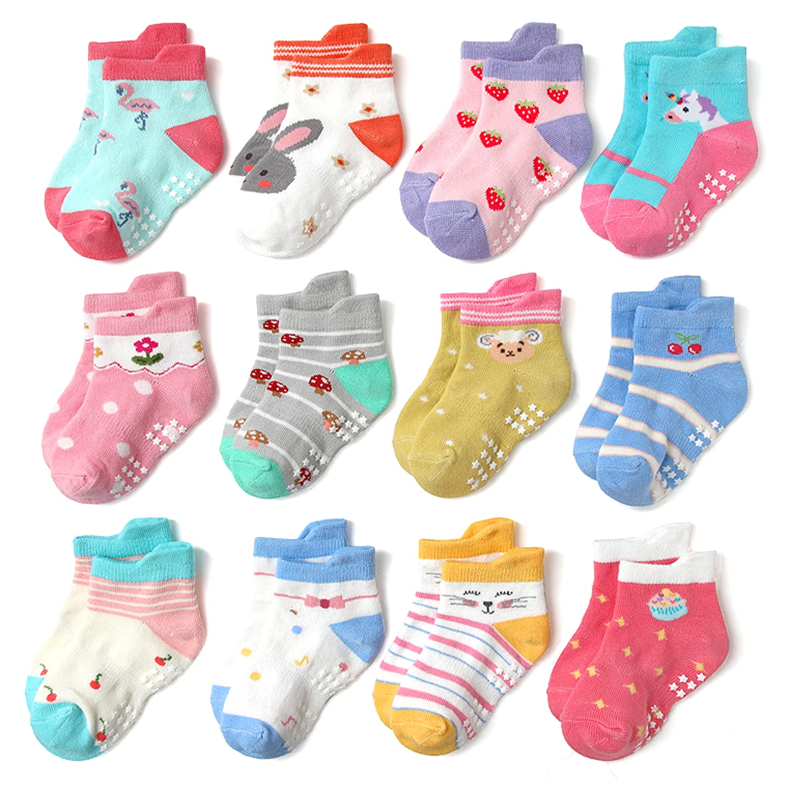 12 Pairs Unisex Baby Non-Slip Grip Ankle Socks | Soft Cotton Toddler Athletic Socks for Boys & Girls | Perfect for Playtime, Daycare & First Steps