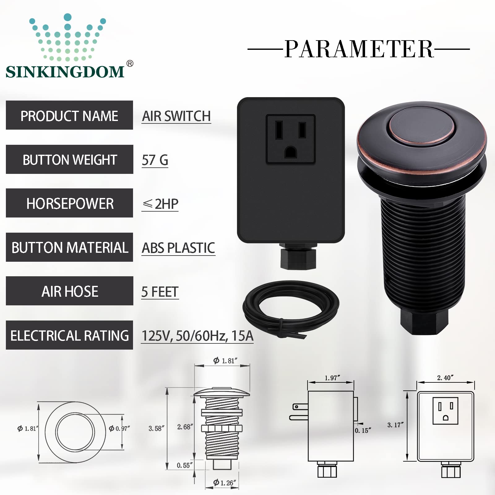 Garbage Disposal Air Switch Kit with Long Button - Oil Rubbed Bronze Brass Cover for Kitchen Sink, Easy Installation & Hands-Free Operation - Perfect for Home, Restaurant, and Commercial Use