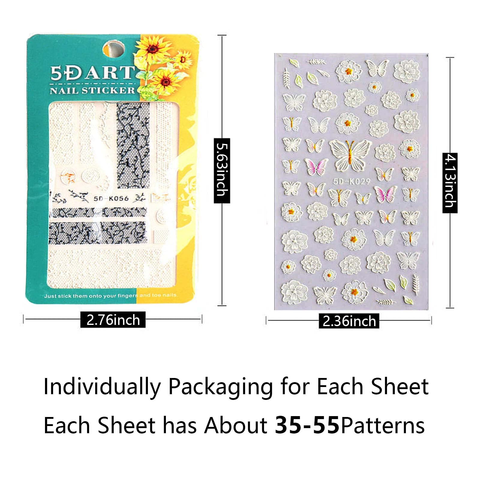 5D Flower Nail Art Stickers - 4 Sheets Embossed Self-Adhesive French Manicure Decals for Women, White Floral Butterfly Leaf Designs - Perfect for Valentine's Day, Holidays & DIY Acrylic Nails - Salon Quality Nail Art Supplies for Home & Professional Use