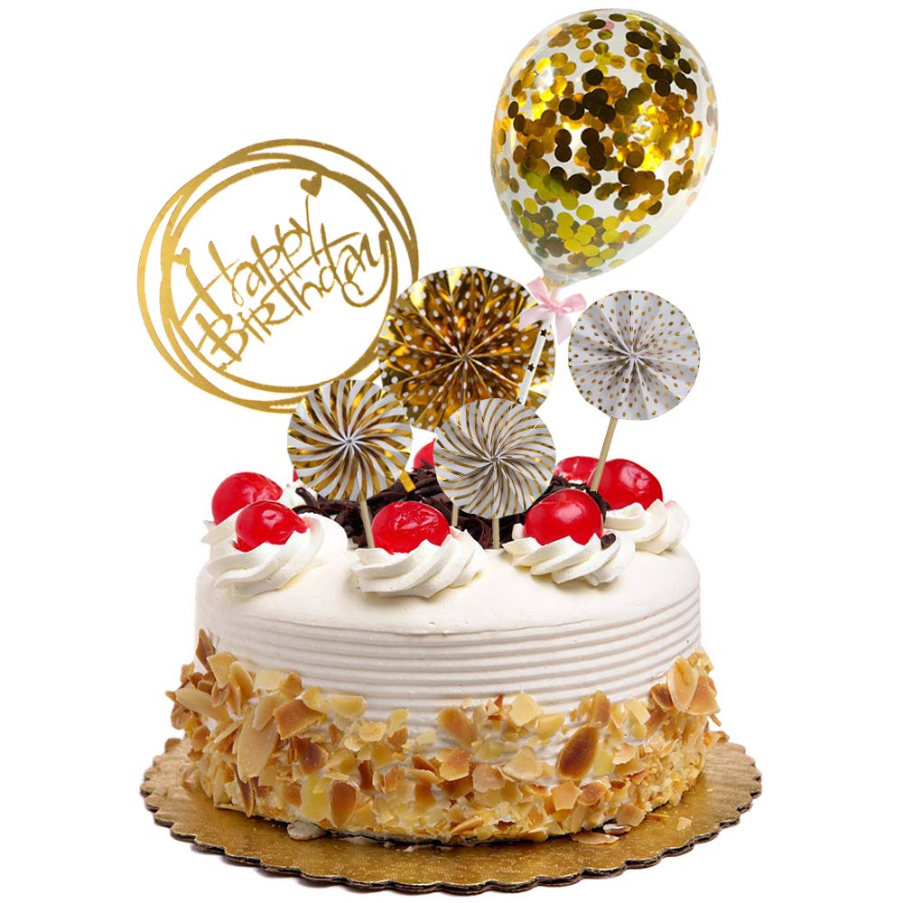 DIYASY Gold Happy Birthday Cake Topper Kit - 6PCS Acrylic Cake Decorations with Confetti, Balloons & Paper Fans | Perfect for Birthday Party Decor, Wedding Cakes & Celebration Desserts