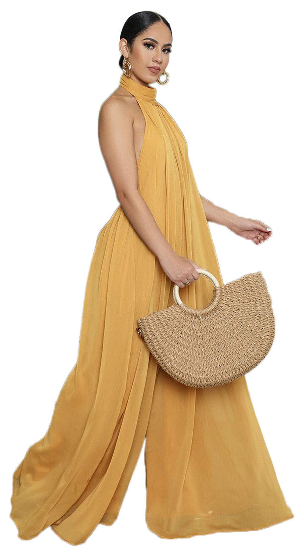 CHARTOU Women's Elegant Loose Fit Chiffon Halter Neck Backless Wide Leg Jumpsuit - Summer Beach Wedding Party Outfit