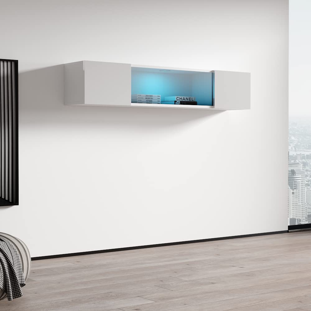Modern Floating Media Cabinet - Type 52 Rectangular Hanging Storage Unit | Durable Wooden Wall-Mounted TV Stand with High Gloss Finish & LED Lighting (White) | Perfect for Living Room, Bedroom & Home Theater Organization