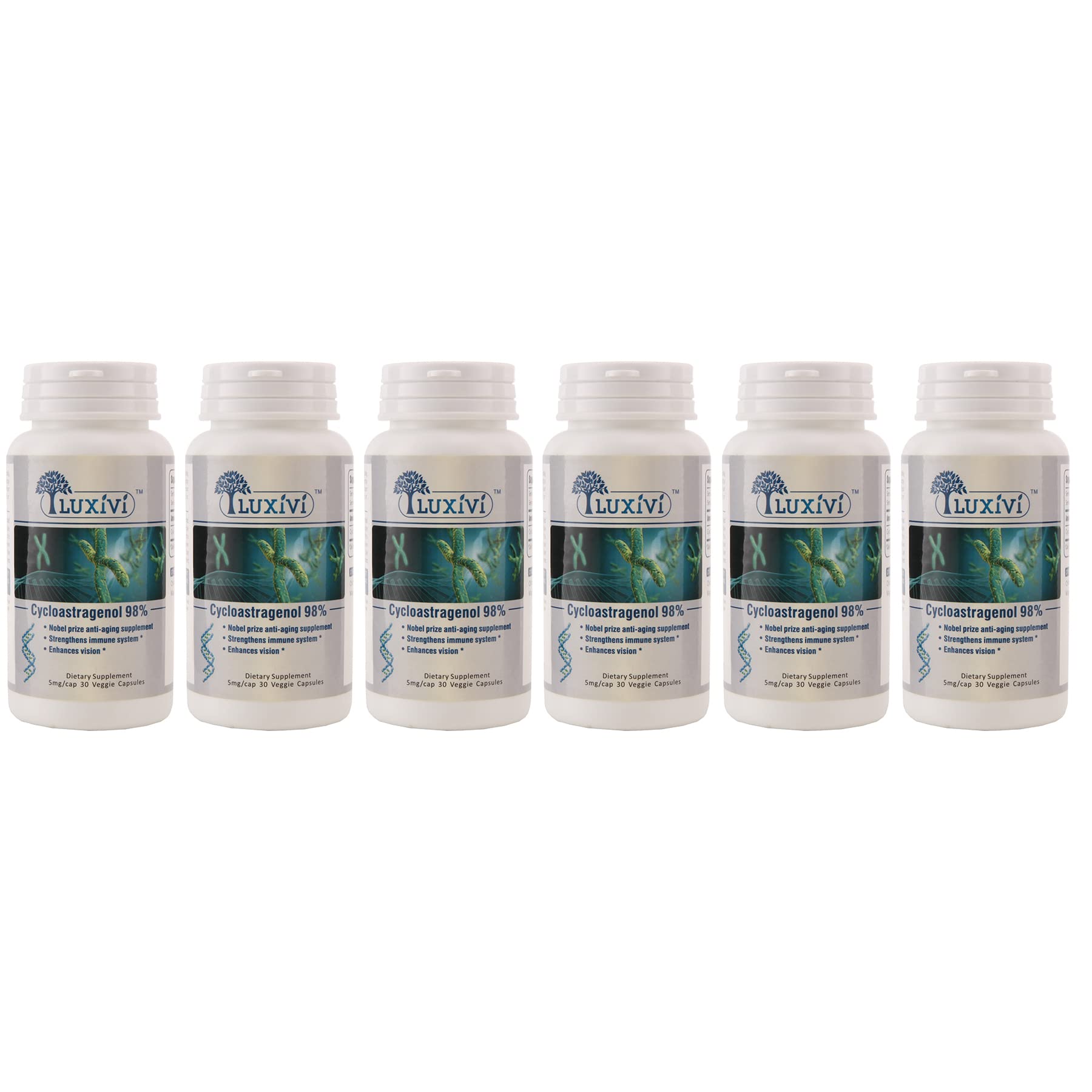 LUXIVI Cycloastragenol 98% Pure - 5mg per Capsule, 6 Bottles (180 Capsules Total) - Enhanced Absorption for Telomerase Support - Anti-Aging Supplement for Cellular Health & Longevity