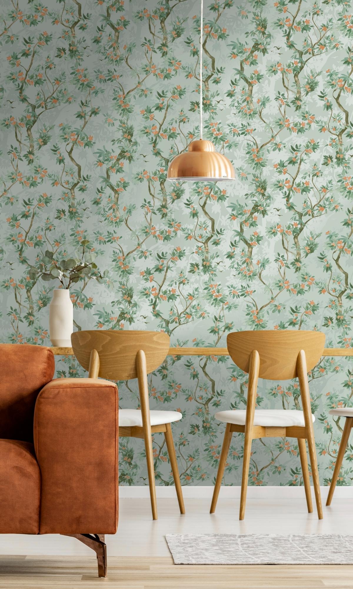 Premium Duck Egg Blue Wild Blossoming Tree Tropical Wallpaper Roll (R7625) - Perfect for Bedroom, Living Room & Nursery Decor