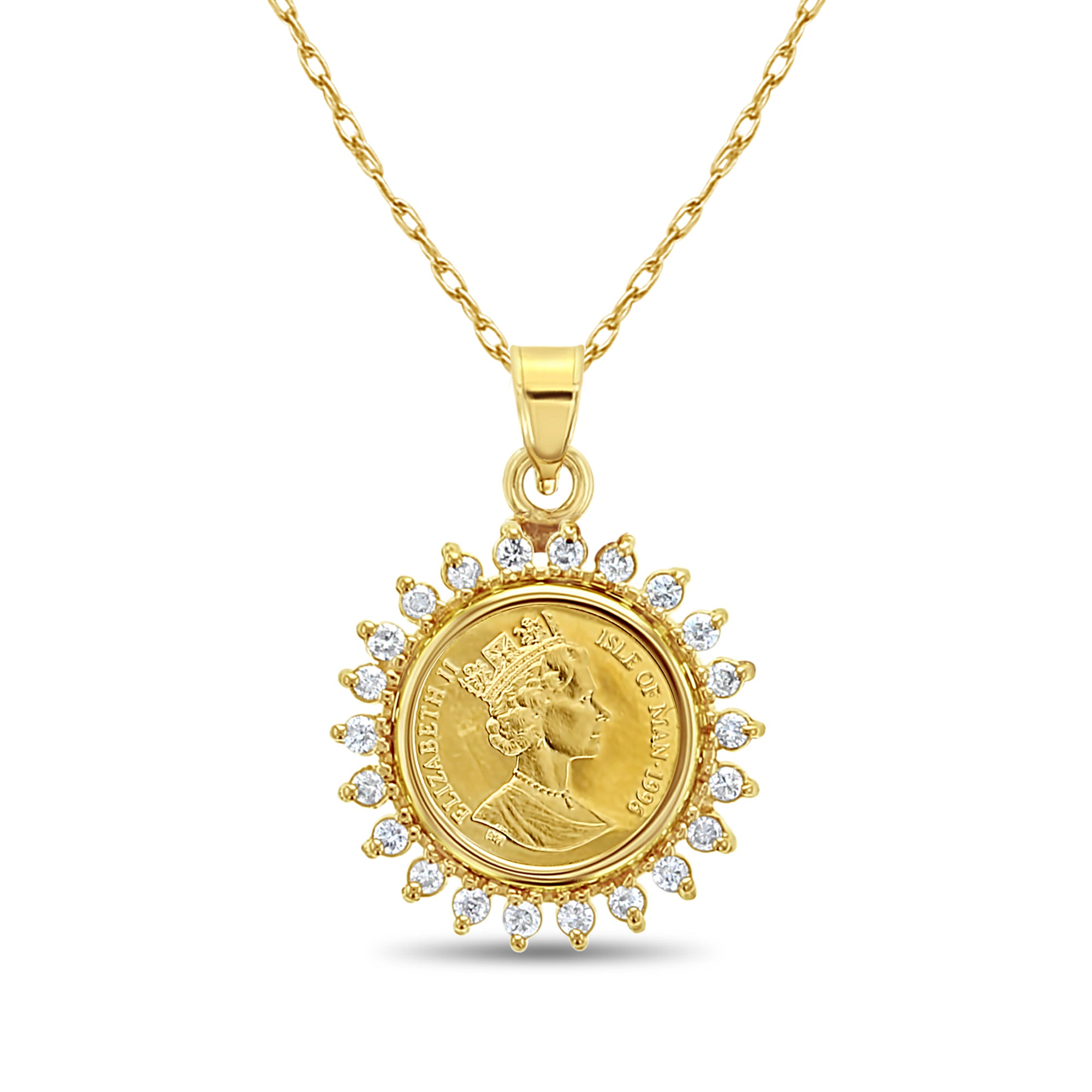 Queen Elizabeth Isle of Man Gold Coin Necklace with Diamond Halo - Vintage British Royal Jewelry for Women - Perfect Gift for Anniversary, Birthday & Special Occasions