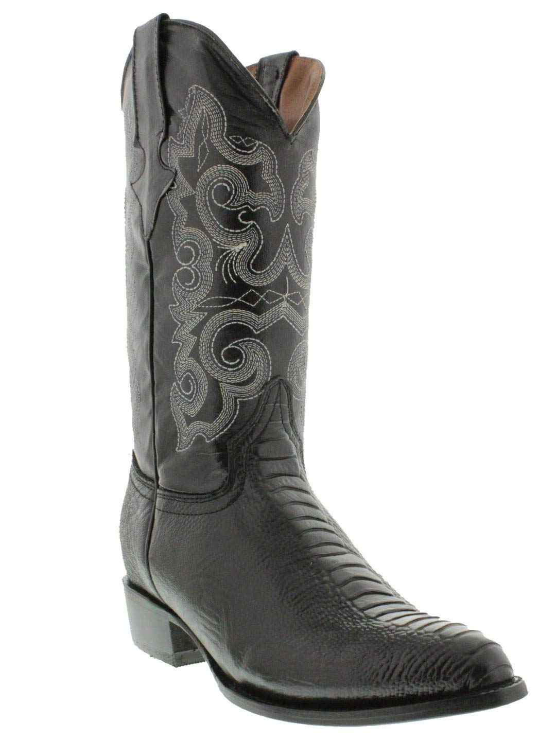 Men's Black Western Leather Cowboy Boots with Ostrich Leg Print - Round Toe Design for Country Dancing, Rodeo Events & Western Fashion