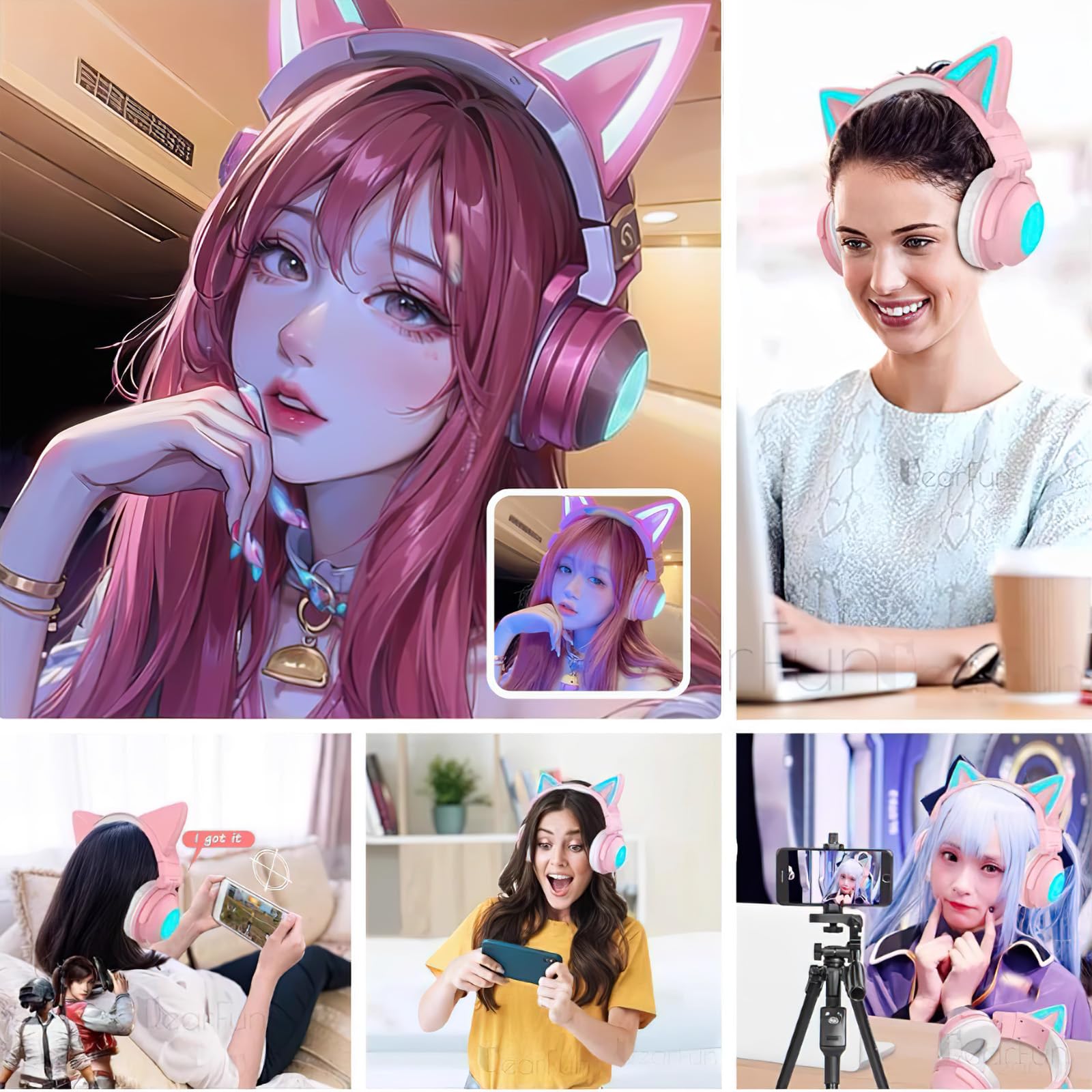 Pink Cat Ear Headphones with Mic - Bluetooth 5.0 Gaming Headset, RGB LED Light Up Ears, Foldable & Adjustable Over-Ear Design, Wireless/3.5mm Wired for PC, Mobile, Tablet - Perfect for Gaming, Streaming & Cosplay