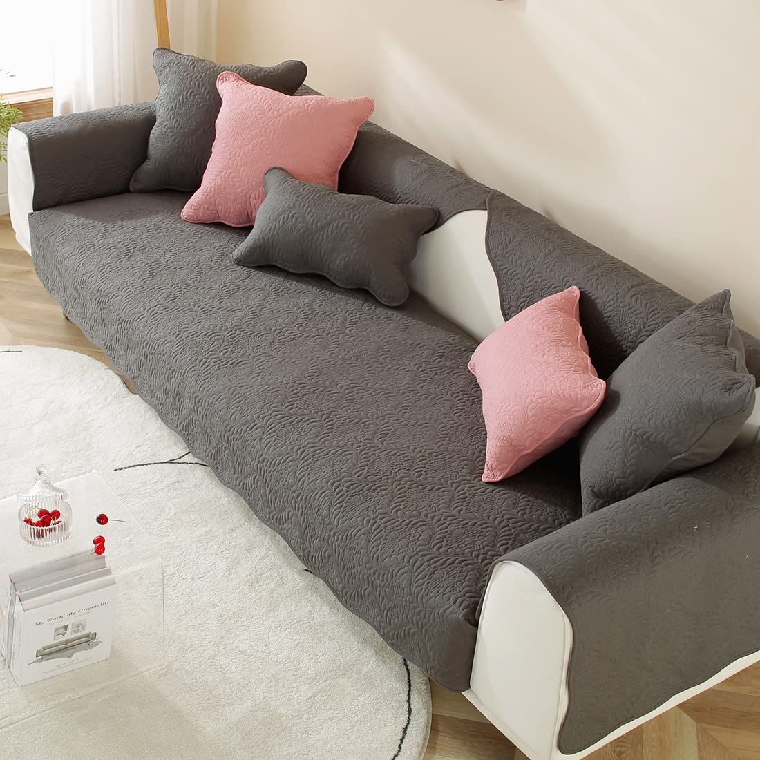Vctops Embroidered Cotton Quilted Sofa Cover - Farmhouse Style Non-Slip Sectional Couch Slipcover, Washable Furniture Protector for Pets & Kids (Dark Gray, 43