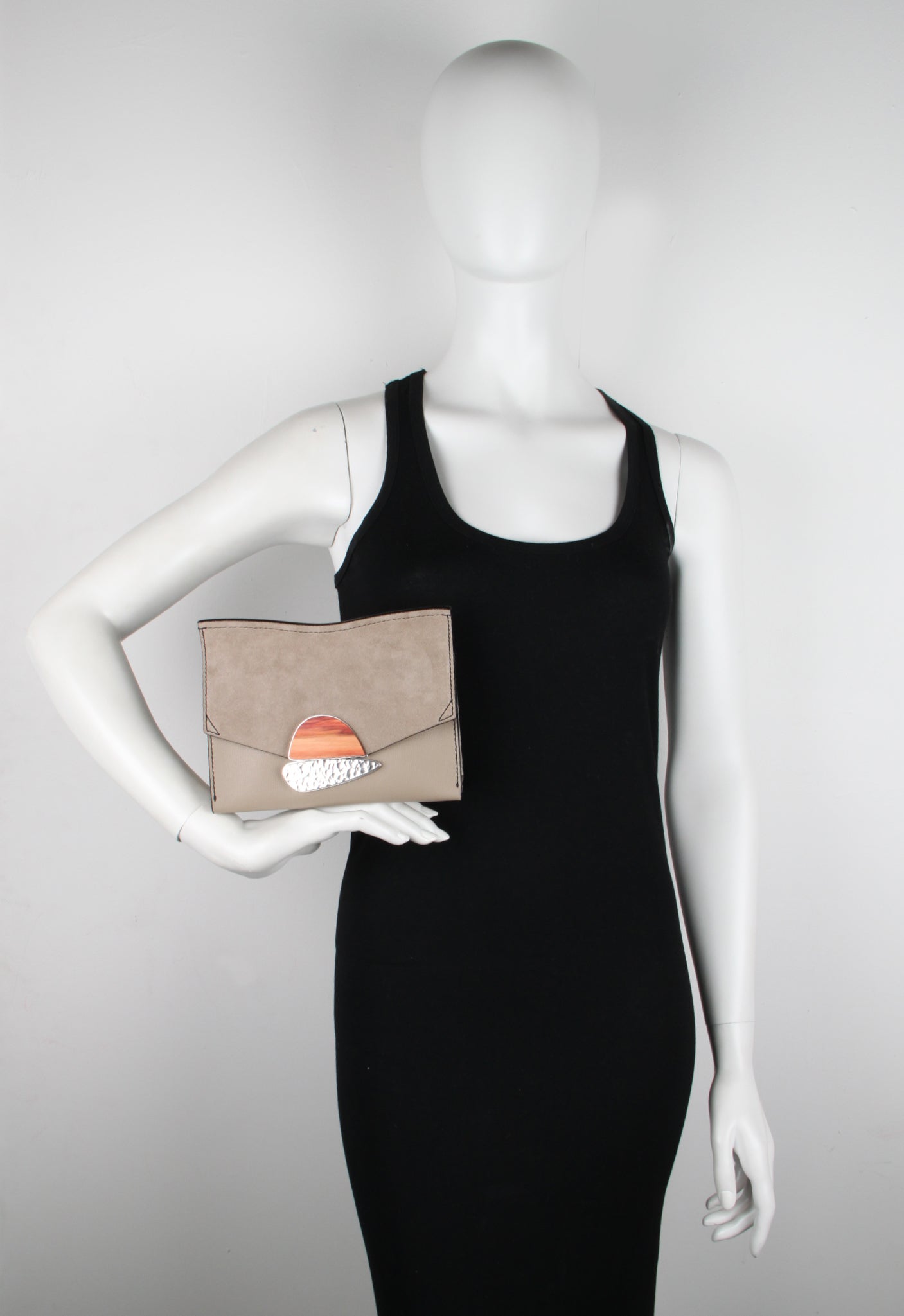 Elegant PS Small Curl Chain Clutch Bag in Taupe - Grain & Suede Leather for Women | Perfect for Evening Parties, Weddings & Special Occasions