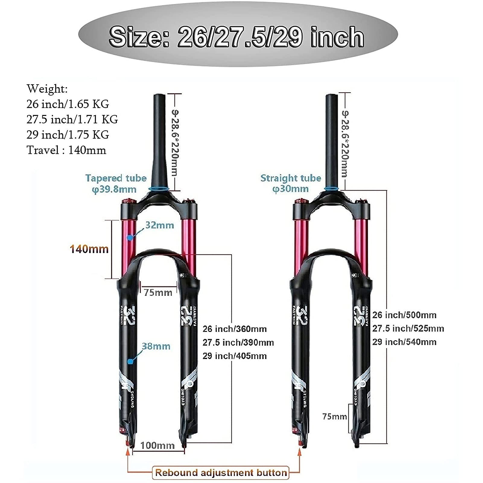 Air Mountain Bike Front Suspension Fork - 26/27.5/29 Inch, 140mm Travel, 9mm QR, Rebound Adjustable, 1-1/8