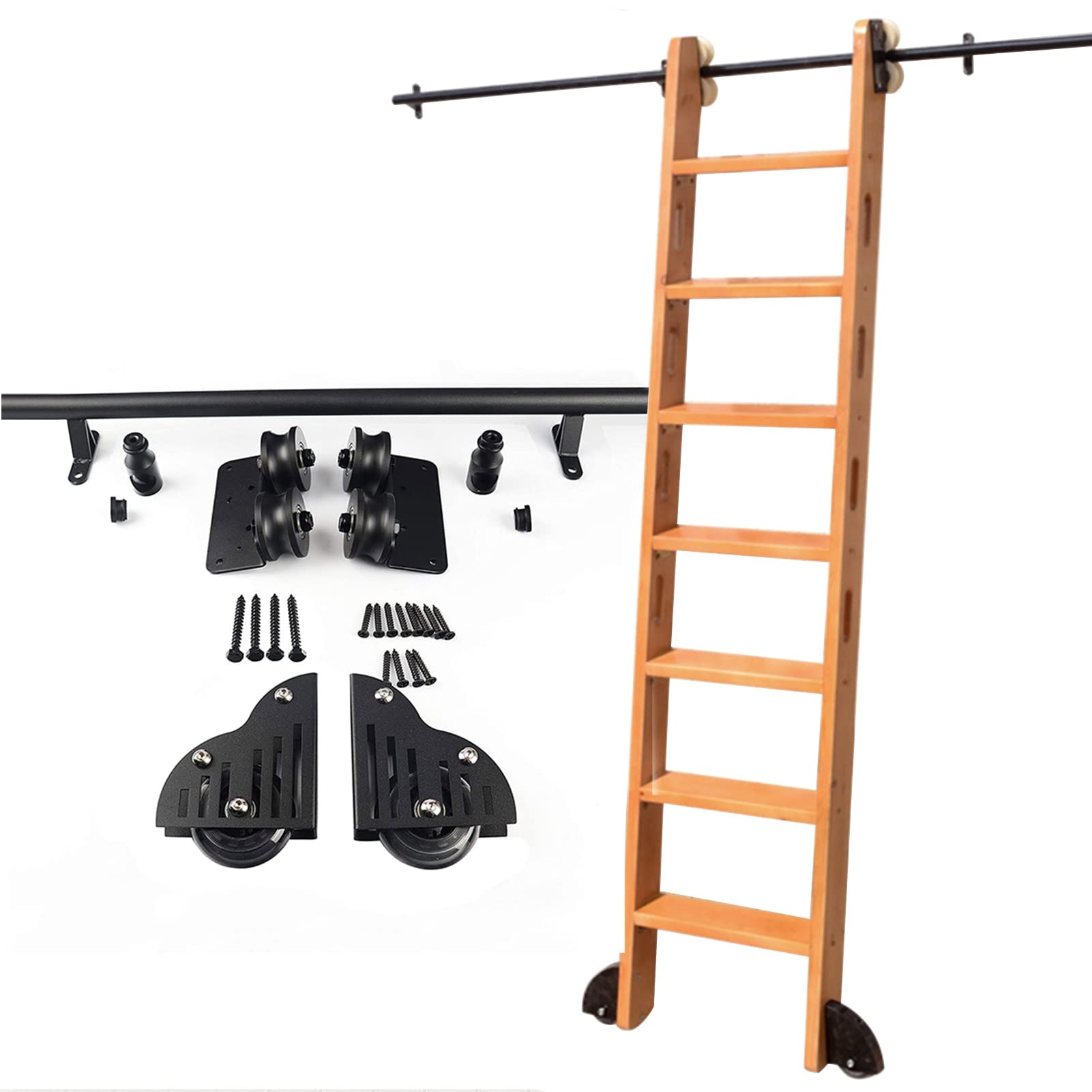 Sliding Barn Door Hardware Kit with Rolling Ladder Track - Complete 3.3ft to 20ft Library Ladder System with Floor Roller & Wheels - Perfect for Home Libraries, Lofts, and Rustic Interior Design