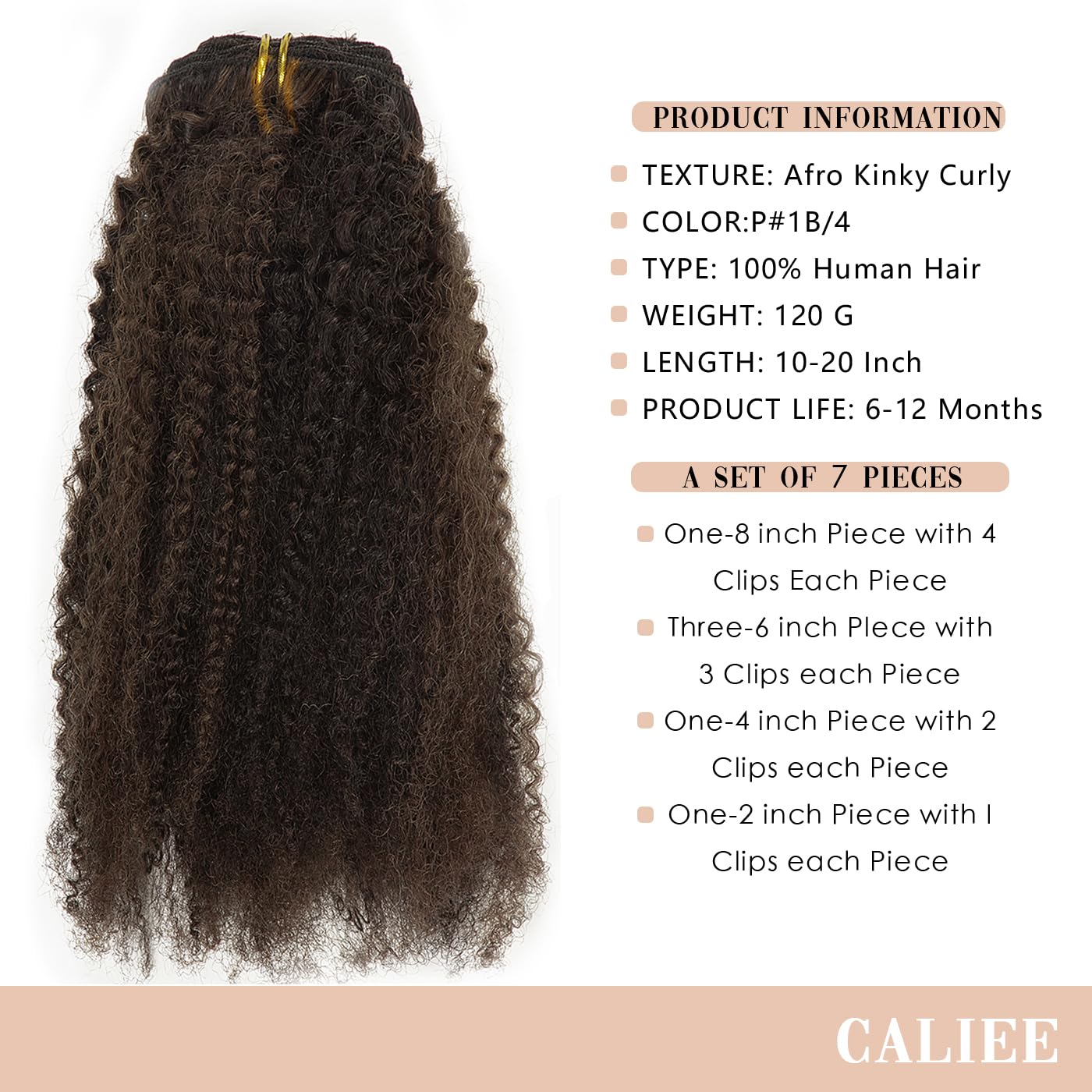 Caliee 20Inch Clip In Human Hair Extensions 4B Afro Kinky Curly - 100% Remy Human Hair Weave for Black Women - Natural Dark Brown Highlighted Thick Hair Extensions | Perfect for Daily Styling, Special Occasions & Protective Hairstyles
