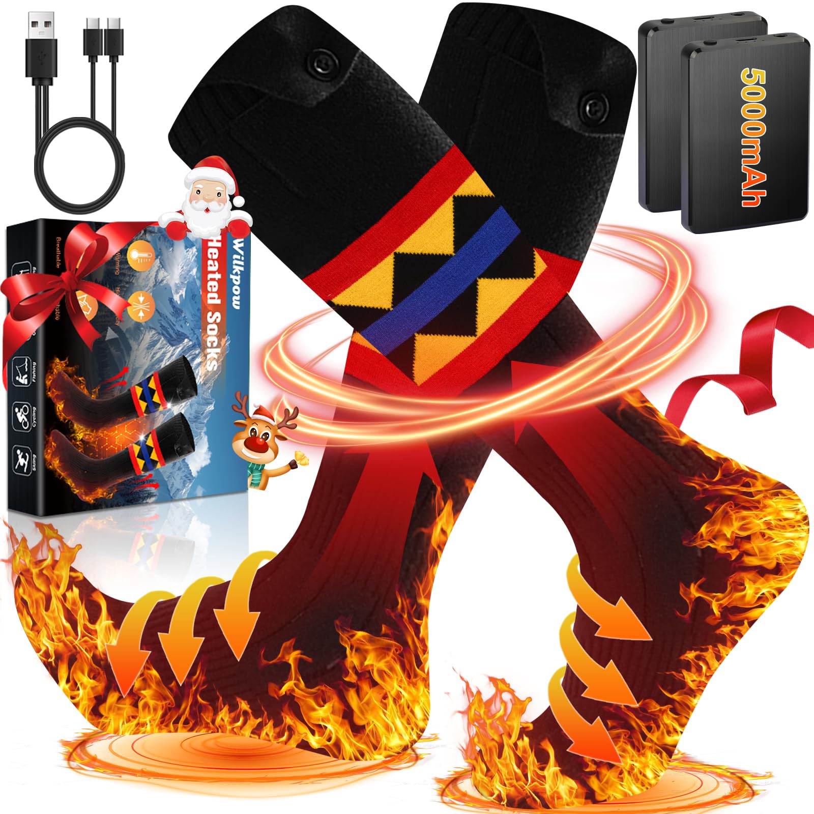 5000mAh Rechargeable Heated Socks for Men & Women - 11 Hours Heating, 3 Temperature Settings, Machine Washable Winter Foot Warmers - Perfect for Outdoor Activities Like Skiing, Hiking, Camping & Cold Weather Work