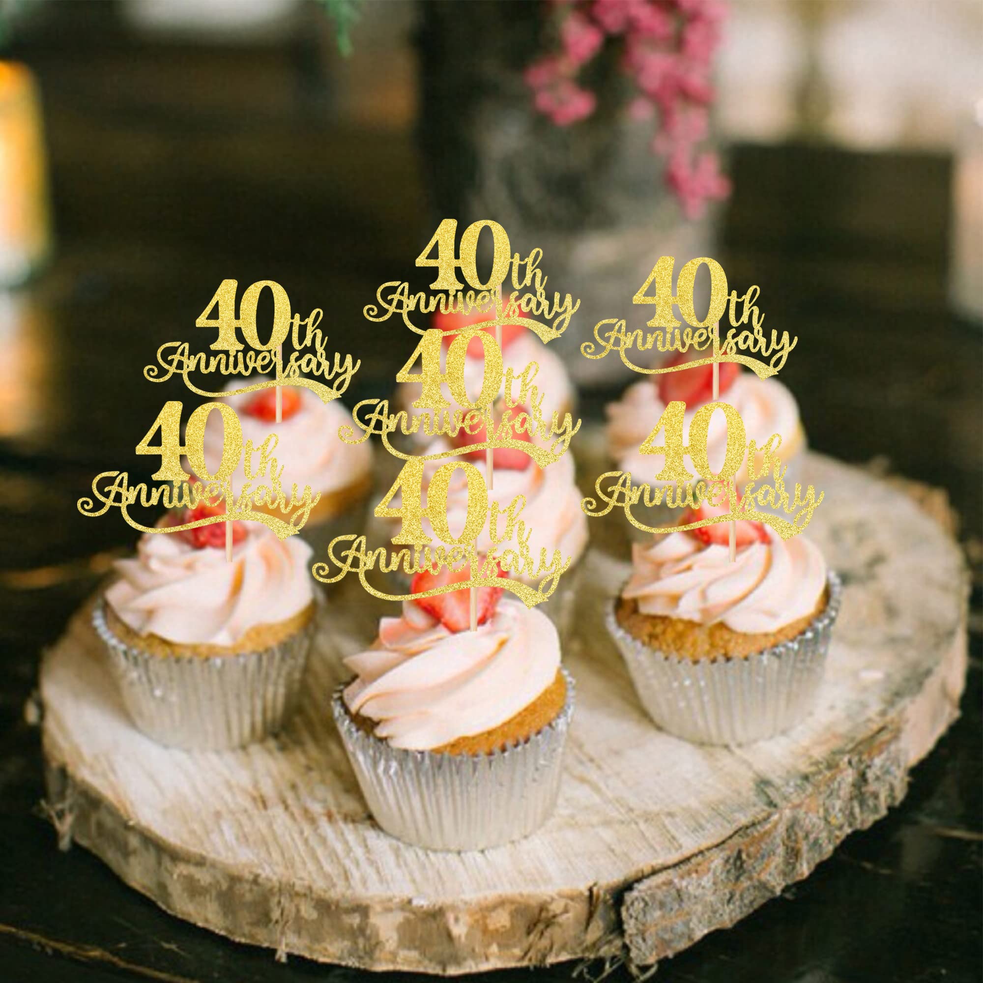 24 Pack Gold Glitter Cheers to 40 Years Cupcake Toppers - 40th Anniversary Wedding, Birthday & Retirement Party Cake Decorations - Perfect for Milestone Celebrations & Festive Dessert Displays