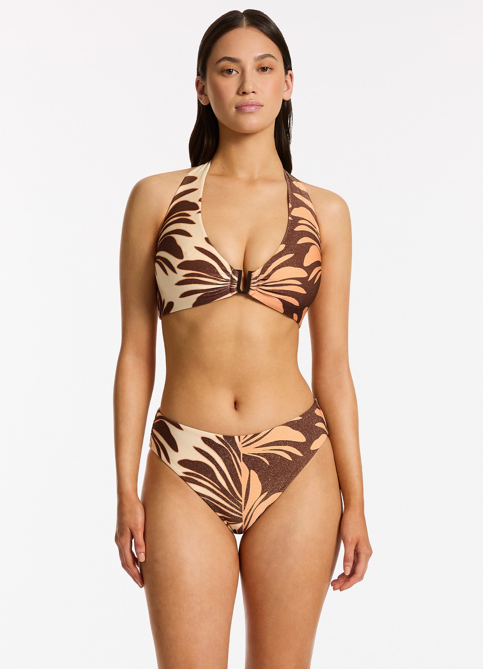 Dahlia Palm Full Coverage Bikini Bottom - High Waisted Swimwear for Women, Chocolate Color - Perfect for Beach Vacations, Pool Parties & Summer Getaways
