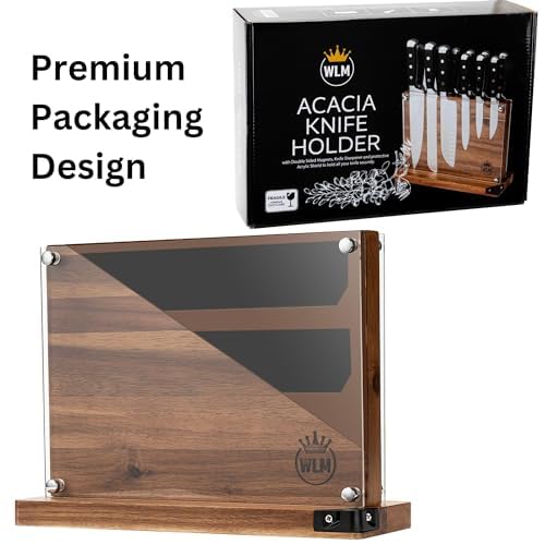 WLM Magnetic Knife Holder with Acrylic Shield & Built-in Knife Sharpener - Strong Double-Sided Magnetic Stand for Kitchen Knife Storage (Knives Not Included) | Perfect for Professional Chefs & Home Cooks to Organize & Sharpen Knives Safely