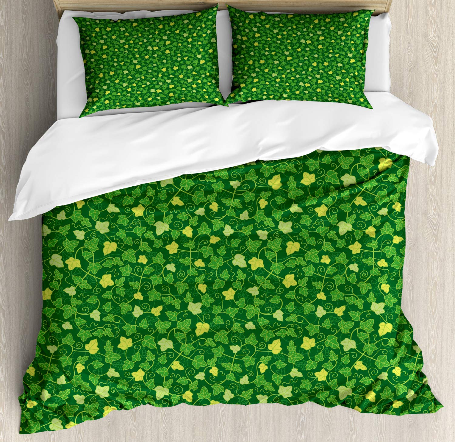 Ambesonne Abstract Green Duvet Cover Set - King Size 3-Piece Bedding with Cartoon Ivy Leaf Design | Nature Themed Decorative Comforter Cover & 2 Pillow Shams | Perfect for Modern Bedrooms, Guest Rooms & Bohemian Home Decor (Avocado Green)