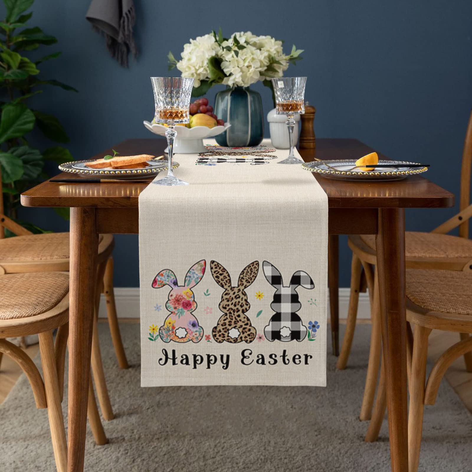 Easter Table Runner - Cute Bunny Rabbit & Spring Floral Decorative Table Scarf for Easter Day, Spring Dinner, Home Kitchen & Dining Room Decor - 13x120 Inches - Perfect for Easter Party Supplies, Holiday Tablescapes & Seasonal Home Decorating