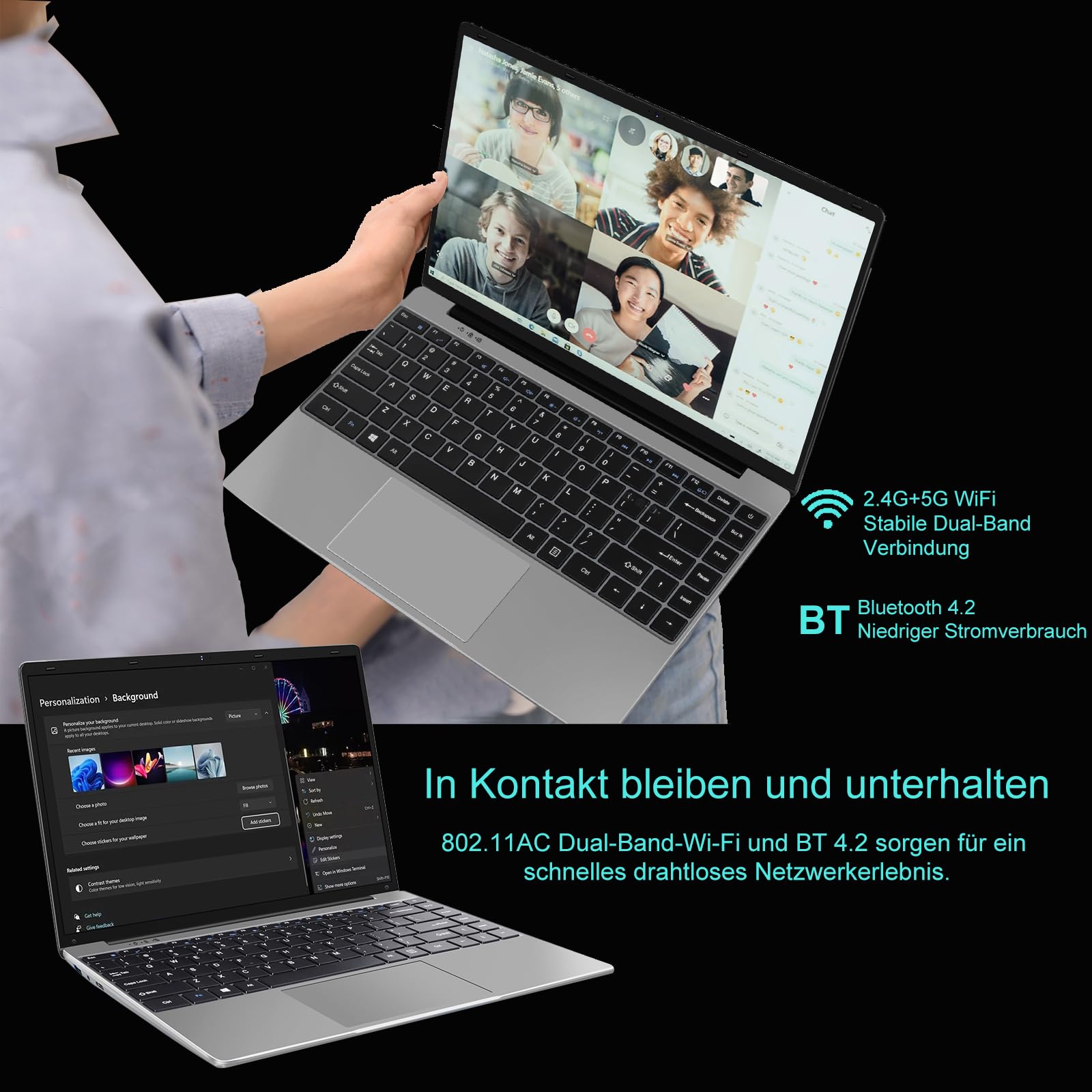 14 Inch Windows 11 Laptop with 5G WiFi, 6GB RAM & 128GB SSD (Expandable to 1TB), Bluetooth 4.2, FHD 1920x1080 Display, Mini Multimedia Port & German Keyboard - Perfect for Remote Work, Online Classes & Business Travel (Film-Grey)