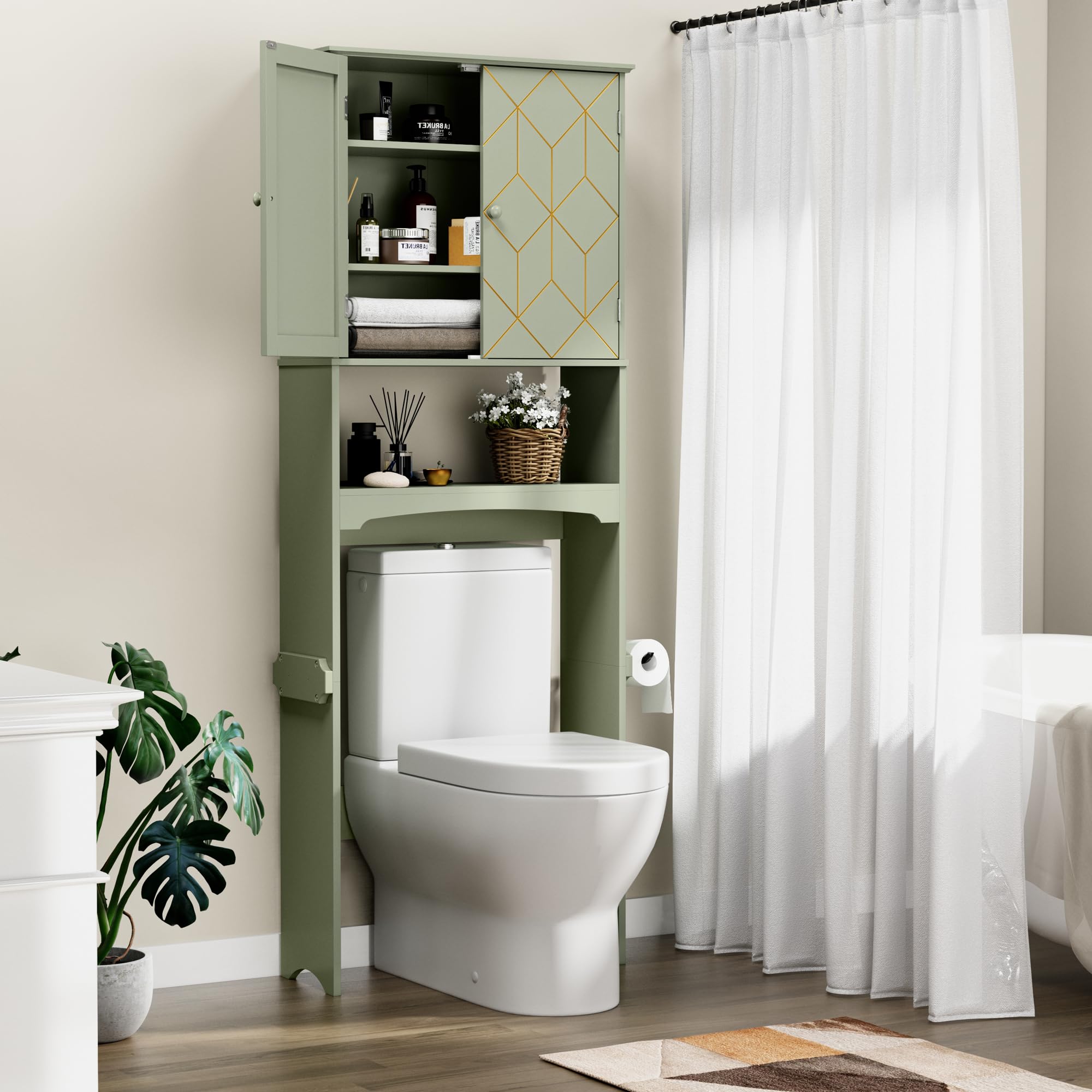 Modern Over The Toilet Storage Cabinet with Gold Trim - Adjustable Shelves & Toilet Paper Holder - Bathroom Organizer for Small Spaces (Green) - Perfect for Apartment, Dorm & Compact Bathrooms