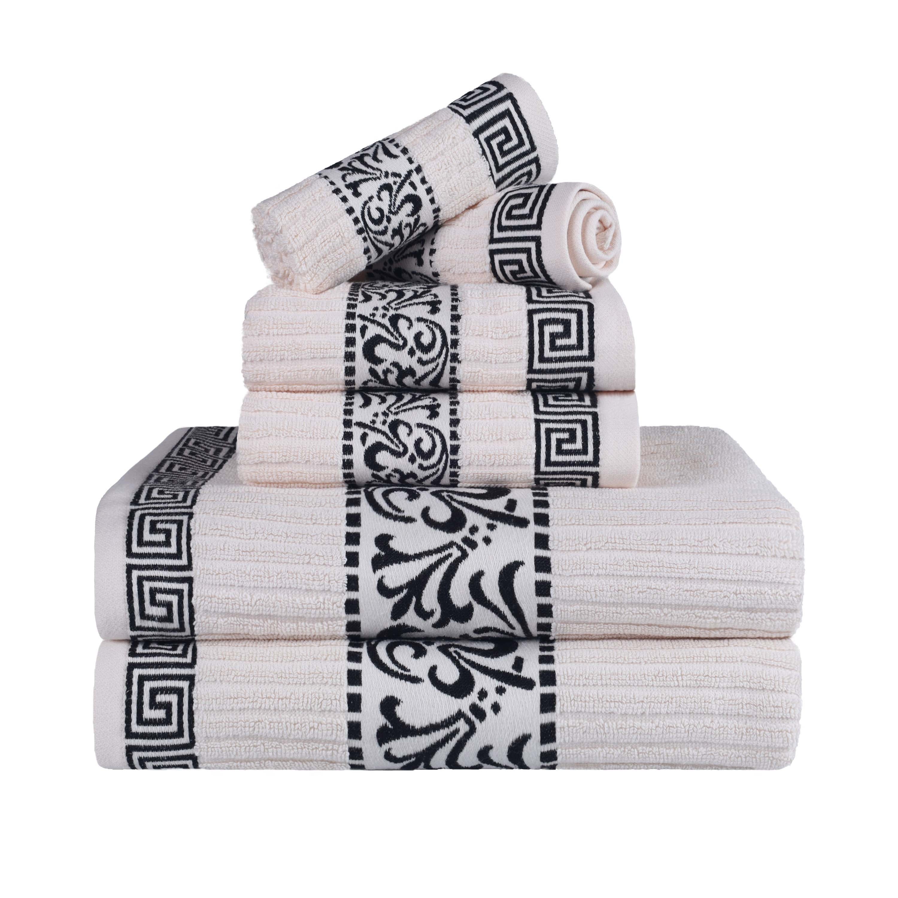 Athens Cotton Greek Scroll and Floral 6-Piece Bath Towel Set - Soft & Absorbent for Bathroom, Spa, and Beach Use