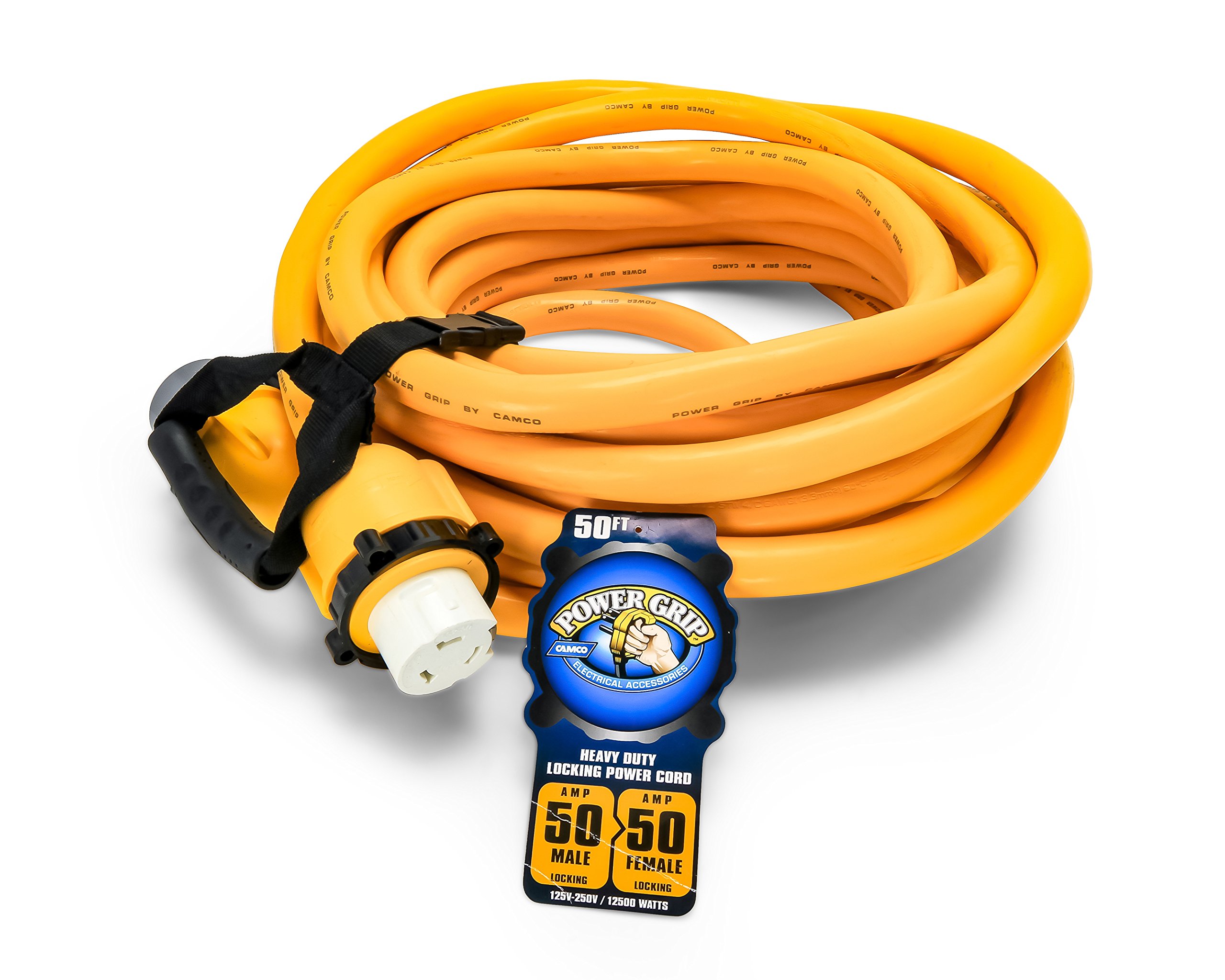 50-Foot Marine Grade Extension Cord with 50 Amp Locking Adapters | Camco PowerGrip Boat Power Cord for Safe Shore Power Connection | Perfect for Yachts, Docks & RV Camping (Model 55623)