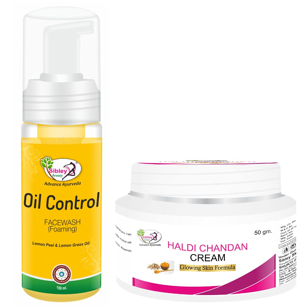 Sibley Oil Control Foaming Face Wash & Haldi Chandan Whitening Facial Cream Set - 150ml + 50gm for Men & Women - Acne Treatment & Brightening Skincare Routine - Daily Use for Oily & Dull Skin