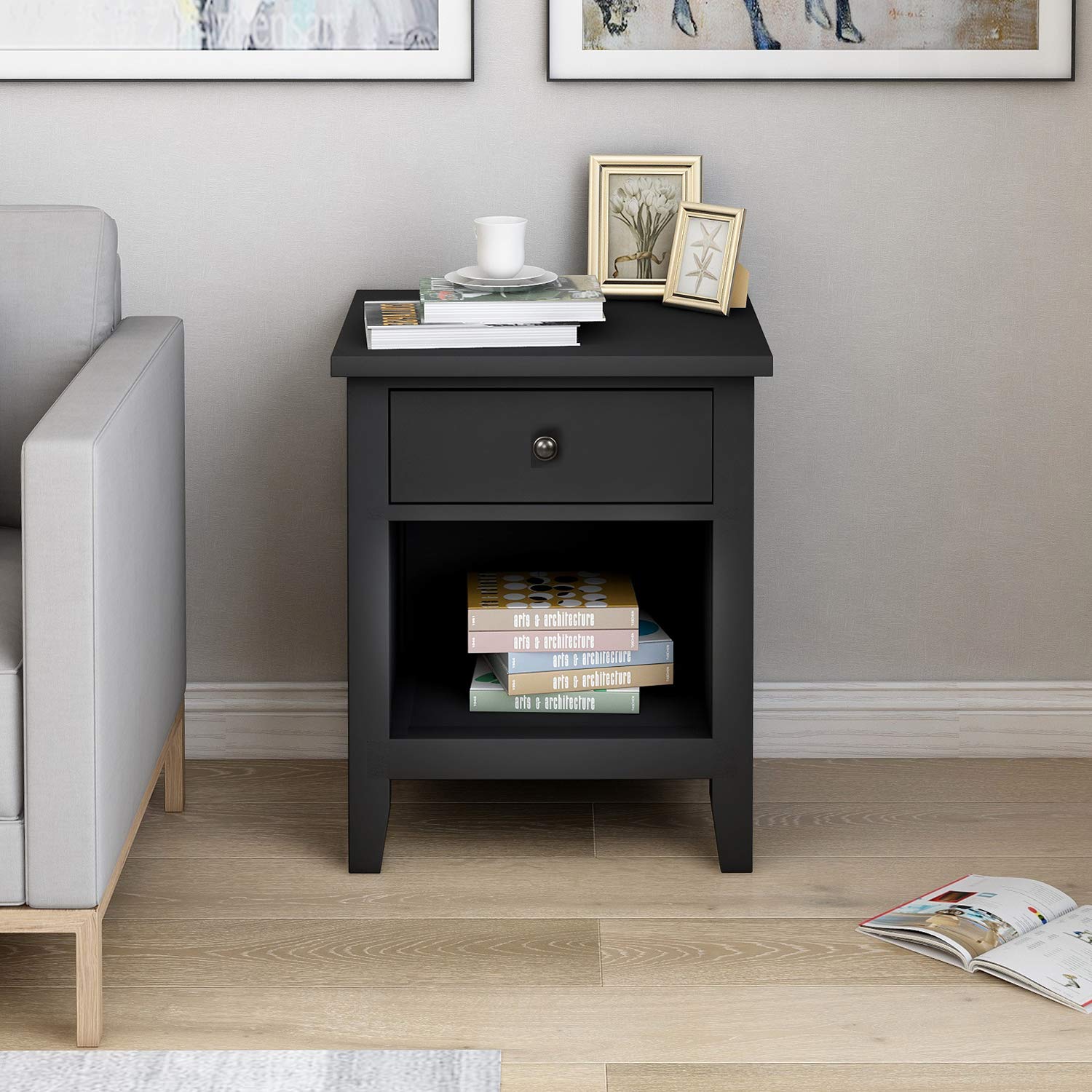 Homvent 1 Drawer Wooden Nightstand - Modern Bedside Table with Storage for Bedroom, Living Room & Makeup Vanity | Compact Chest of Drawers Organizer in Black/Brown | Perfect for Small Spaces & Apartment Decor