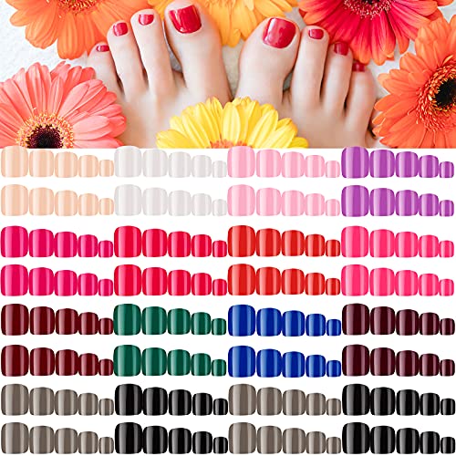 336 Pcs 14 Sets Short Square Fake Toe Nails - Colorful Press on Toenails with Glue, Glossy Artificial Nails for Women & Girls - Full Cover Solid False Nails for DIY Manicure & Pedicure - Perfect for Parties, Weddings, Vacations & Daily Wear (Classic Colors)