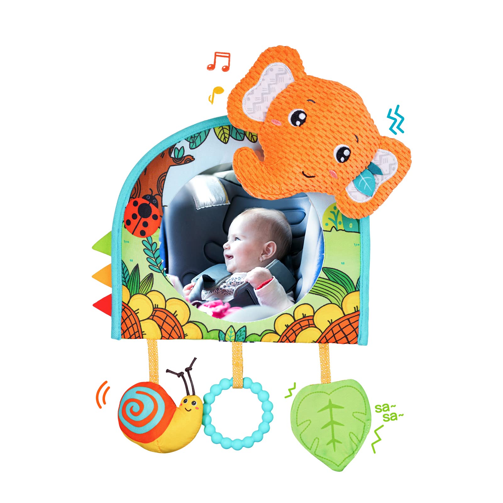 Baby Car Seat Toys - Mirror, Teether & Crinkle Paper for Travel & Tummy Time