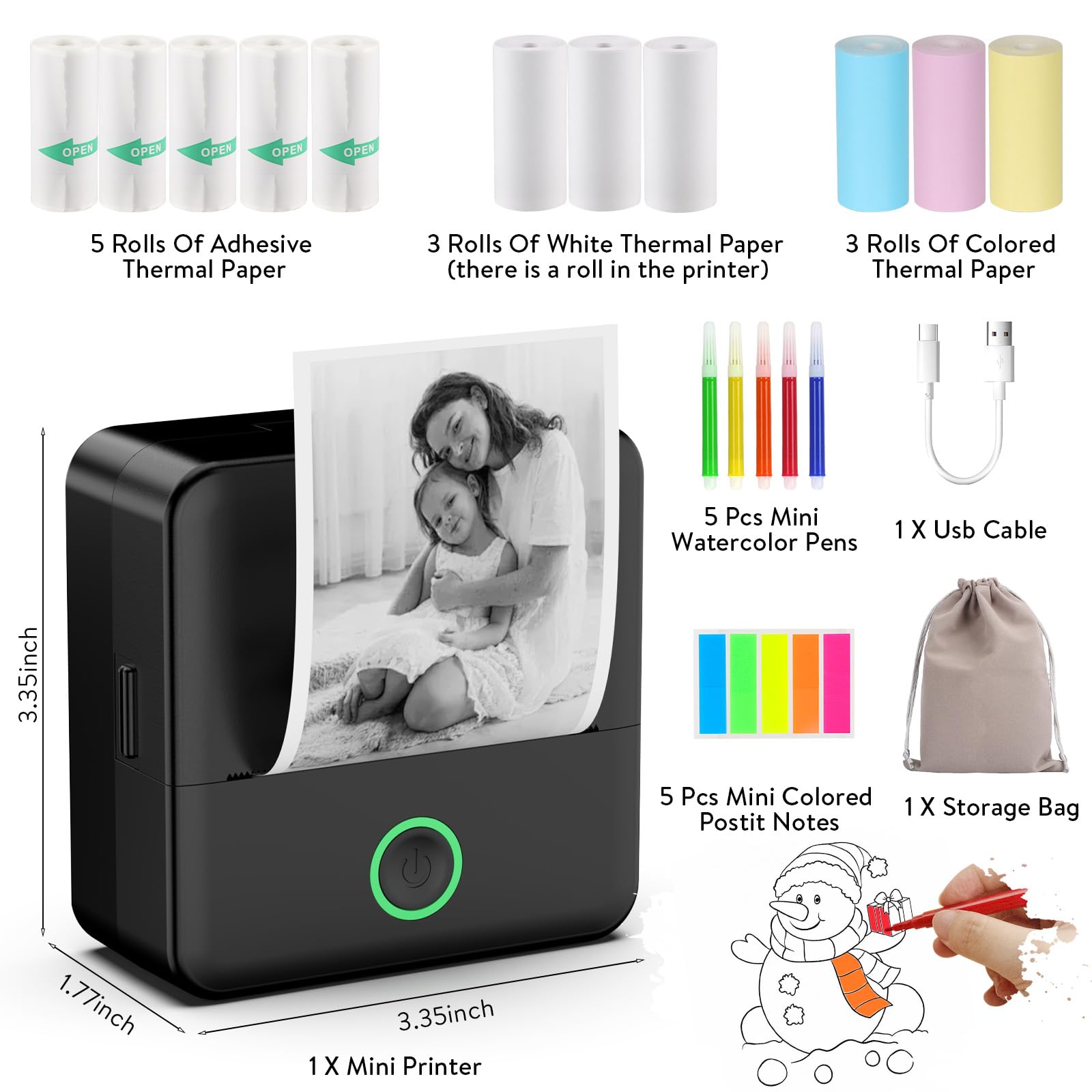 HBCX Mini Sticker Printer - Inkless Thermal Bluetooth Printer for Kids & Adults | Portable Pocket Sticker Maker for Photos, Memos, Receipts & Work | Perfect for DIY Crafts, School Projects & Office Use (White/Black)