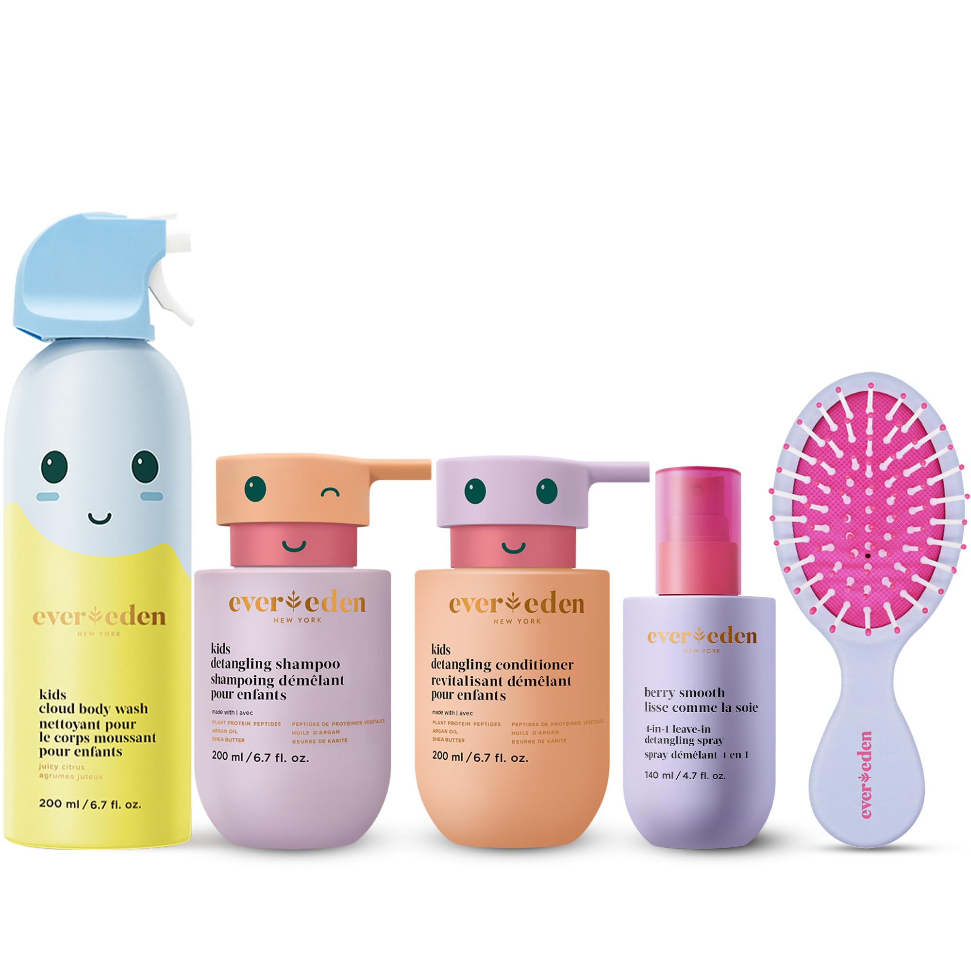 Evereden Kids Cloud Body Wash & Hair Care Set (6.7 fl oz, Juicy Citrus) - Sulfate-Free Shampoo, Conditioner, Detangling Spray & Brush with Protein Peptides & Argan Oil - Paraben-Free for Children Ages 3+ | Gentle Bath Time & Daily Hair Care Routine