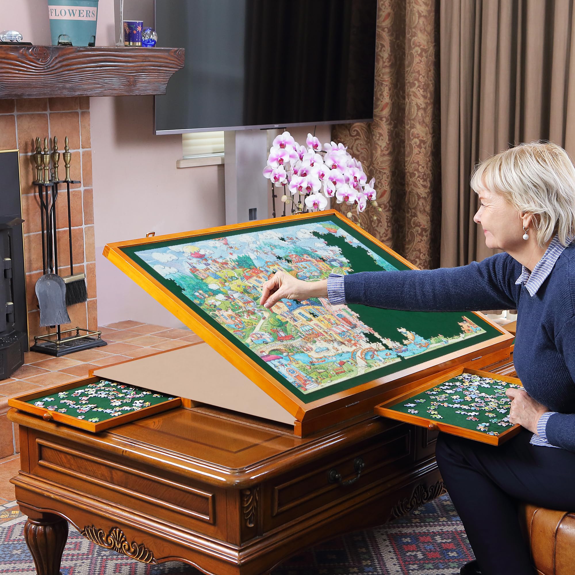 Premium 1500-Piece Wooden Jigsaw Puzzle Board with Storage Drawers & Cover - Adjustable Portable Puzzle Table with Carry Handle & Tilted Easel - Perfect for Adults, Family Game Nights & Home Decor