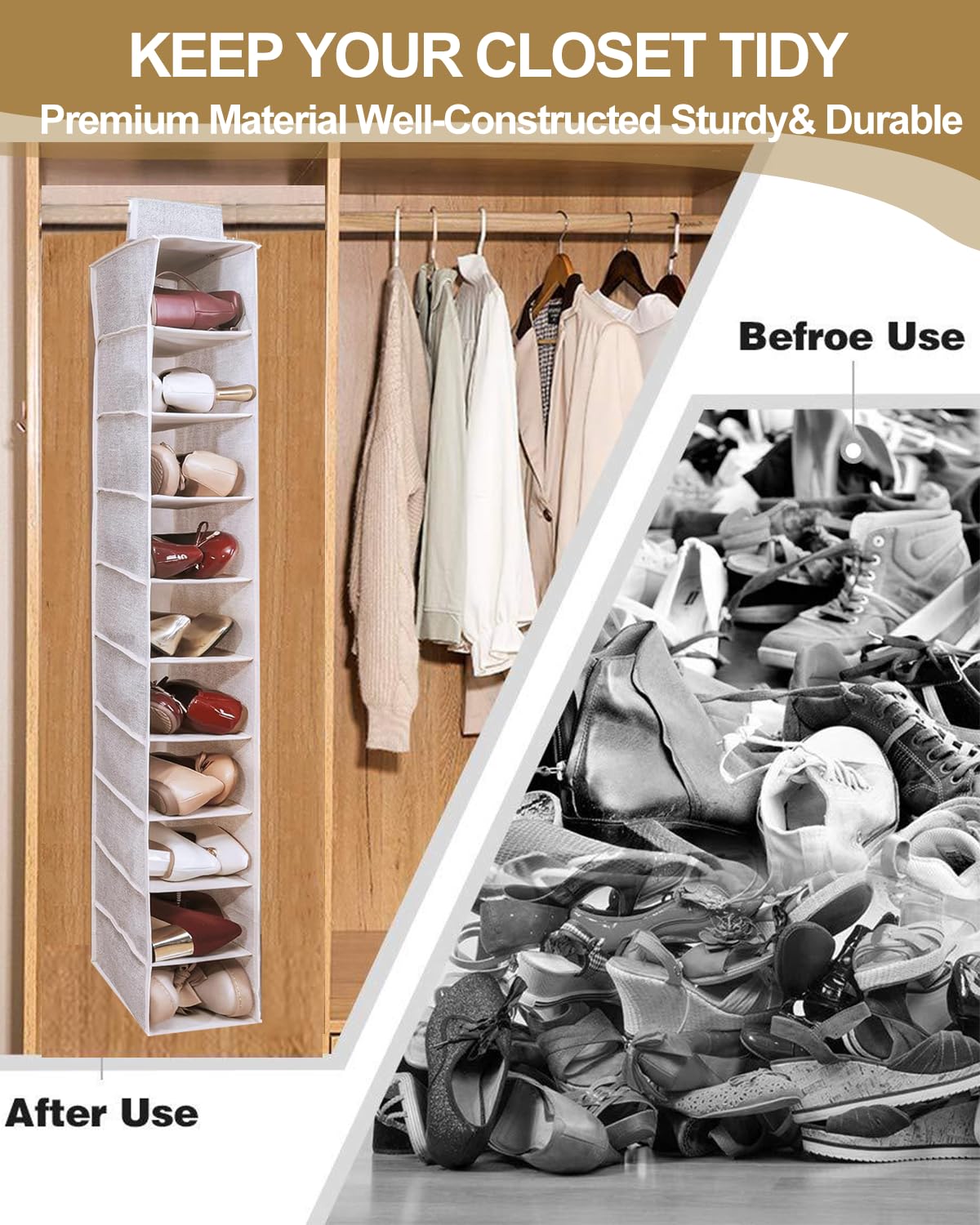 10-Tier Hanging Shoe Organizer for Closet - Foldable Storage Shelves for Shoes, Wardrobe & Baby Clothes - Space-Saving Beige Closet Organizer | Perfect for Bedroom, Nursery & Small Space Organization