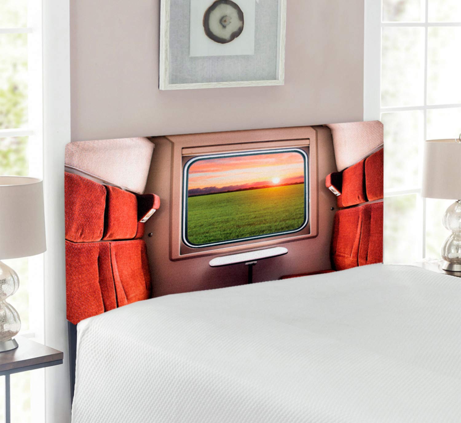 Ambesonne Nature Headboard - Upholstered Decorative Metal Bed Frame with Memory Foam, Twin Size in Red Green Cream | Train Window Scenic View Design | Perfect for Bedroom Decor, Guest Rooms & Vacation Homes