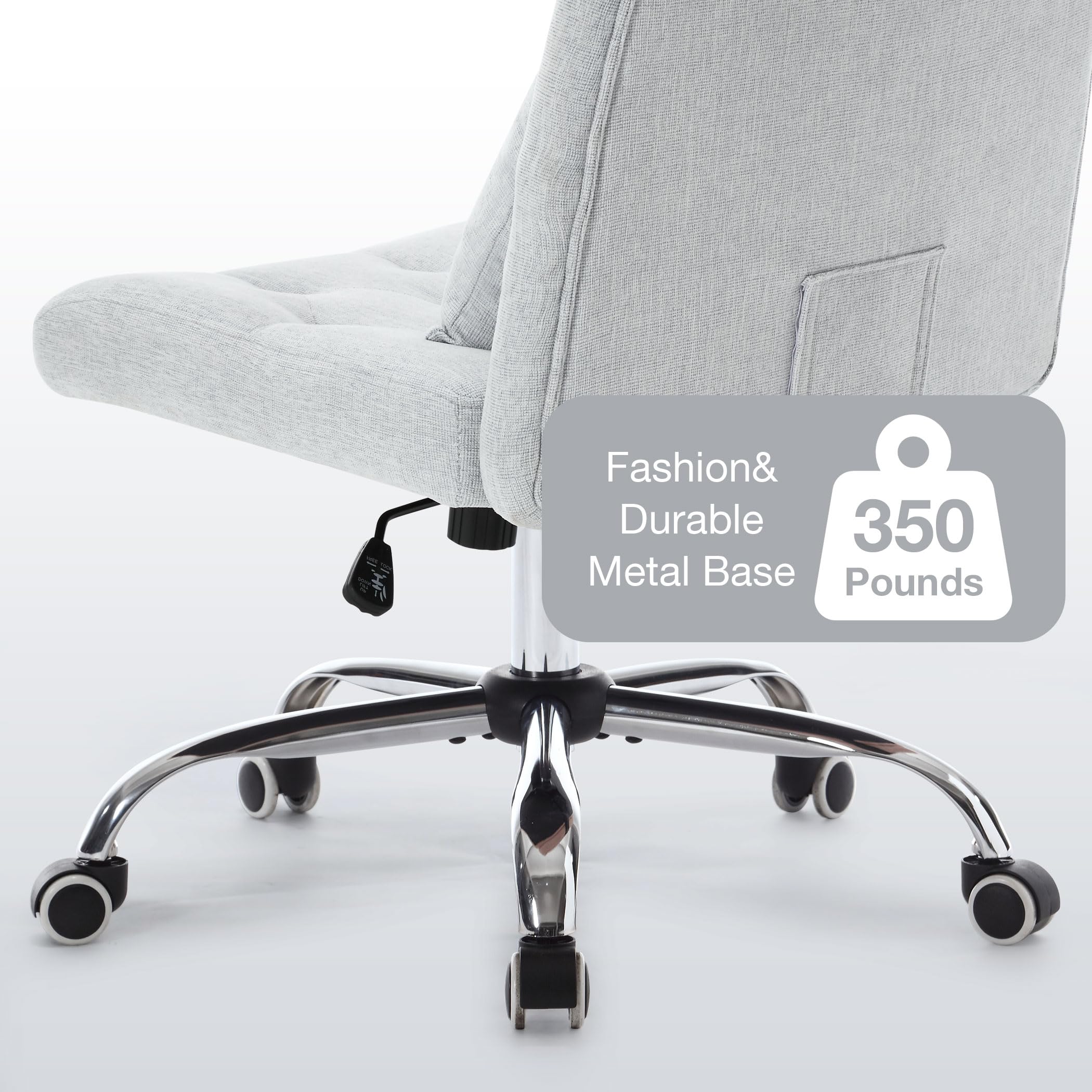 Armless Fabric Office Desk Chair with Wheels - Cross Legged Wide Seat Ergonomic Computer Task Chair for Small Spaces - Modern Home Office Chair with Lumbar Support - Perfect for Women's Vanity, Gaming, and Compact Workspaces