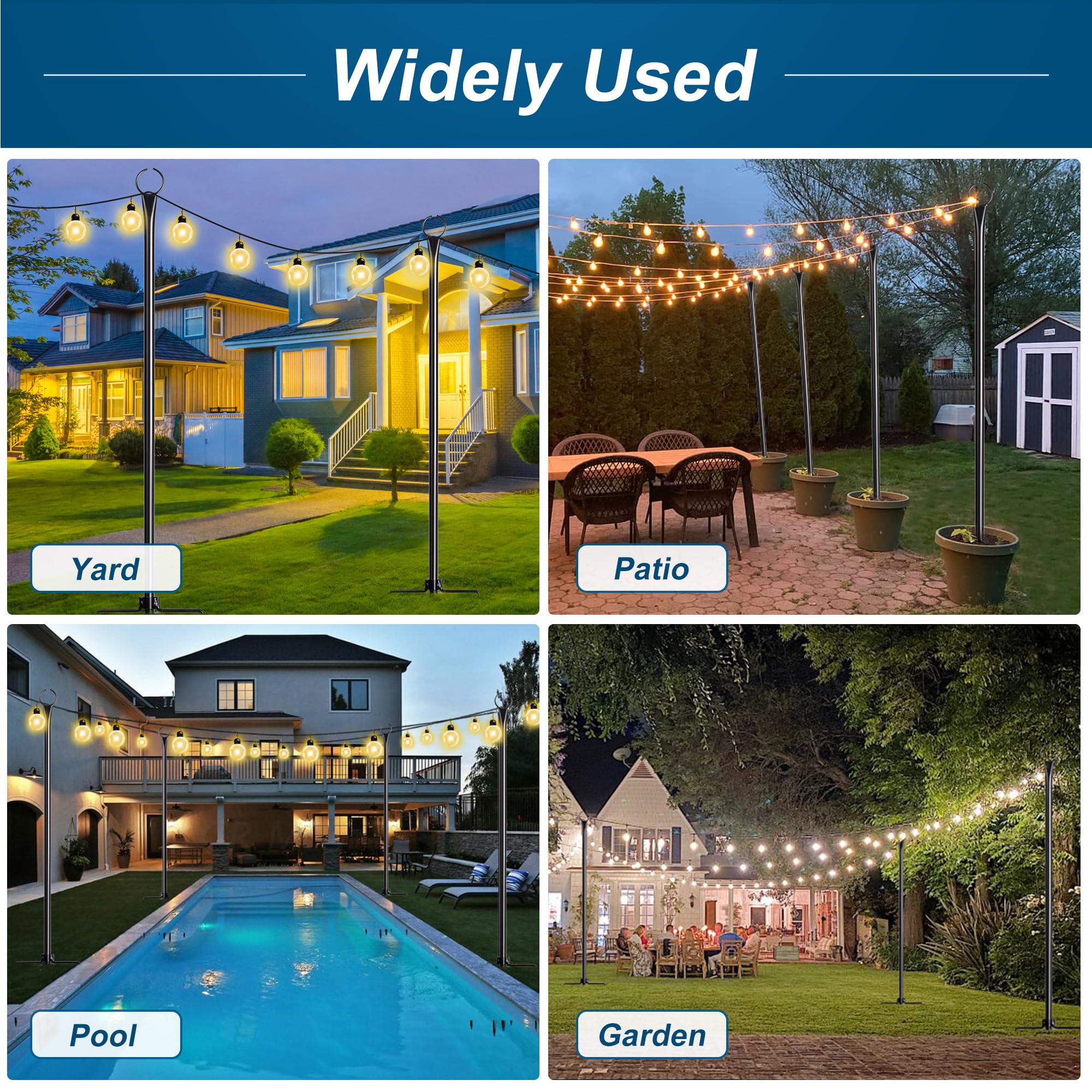 Walensee 4 Pack String Light Poles with Hook - 9.4FT Outdoor Metal Lighting Poles for Hanging String Lights - Garden & Patio Decor - 5-Prong Fork Steel Stand Holder - Perfect for Holidays, Weddings, Easter, Parties & Backyard Gatherings - Create Magical Outdoor Ambiance