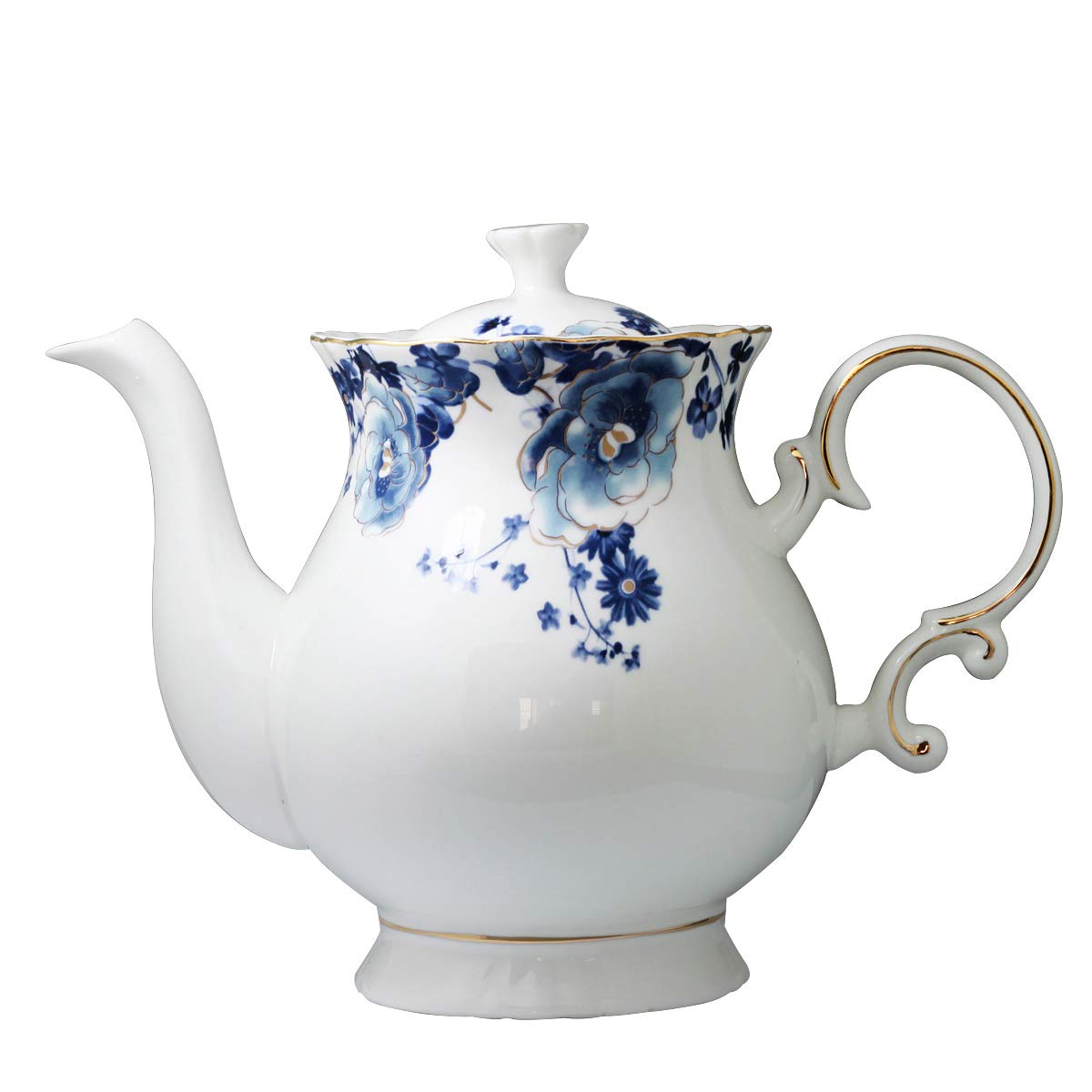 Jomop European Style Ceramic Teapot - 1.3L (5.5 Cups) Blue and White Porcelain Flower Design Coffee Pot & Water Kettle - Perfect for Afternoon Tea, Gift Giving, and Home Decor