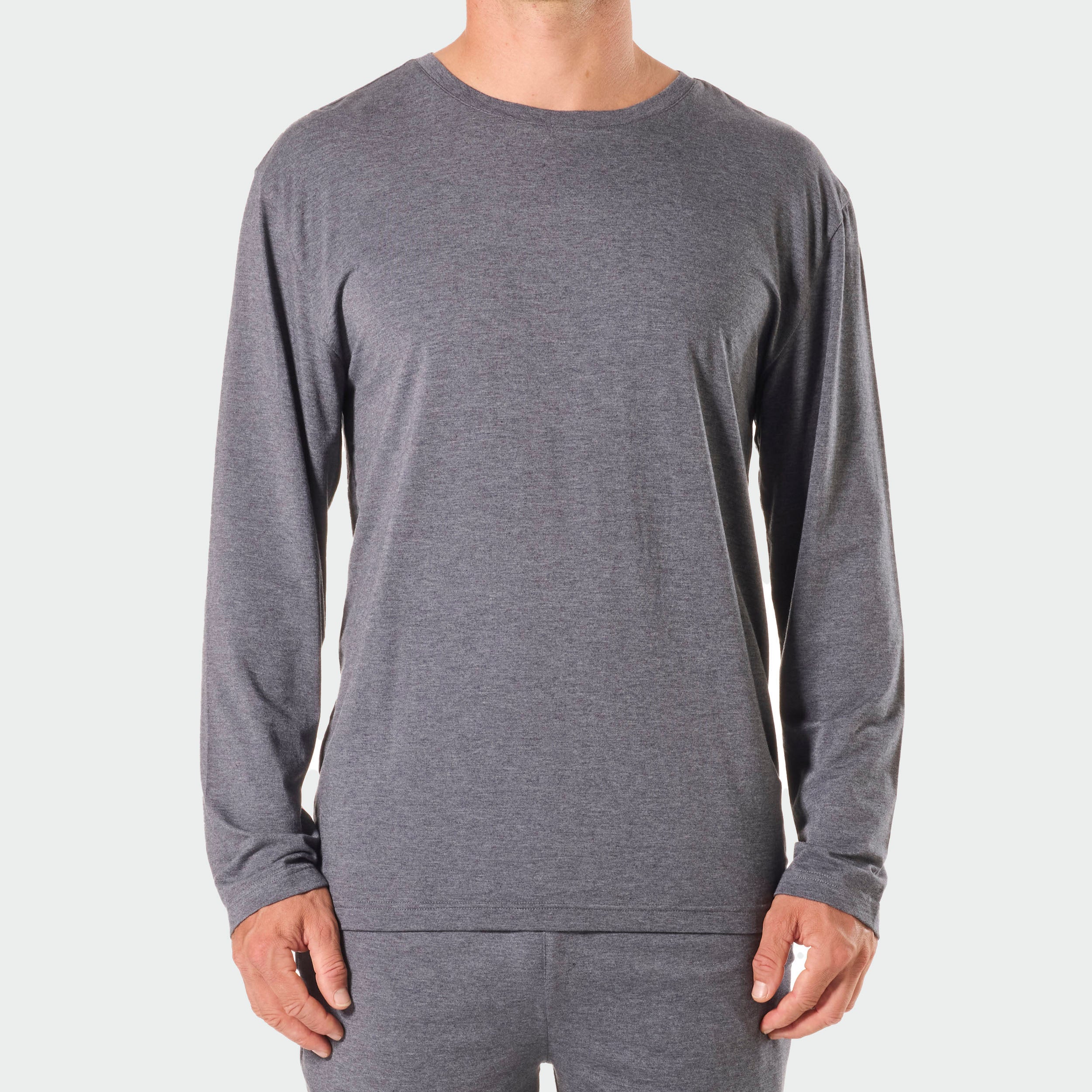 Men's Soft Bamboo Long Sleeve Sleep T-Shirt - Grey Marle - Comfortable Nightwear for Relaxing at Home & Lounge Wear