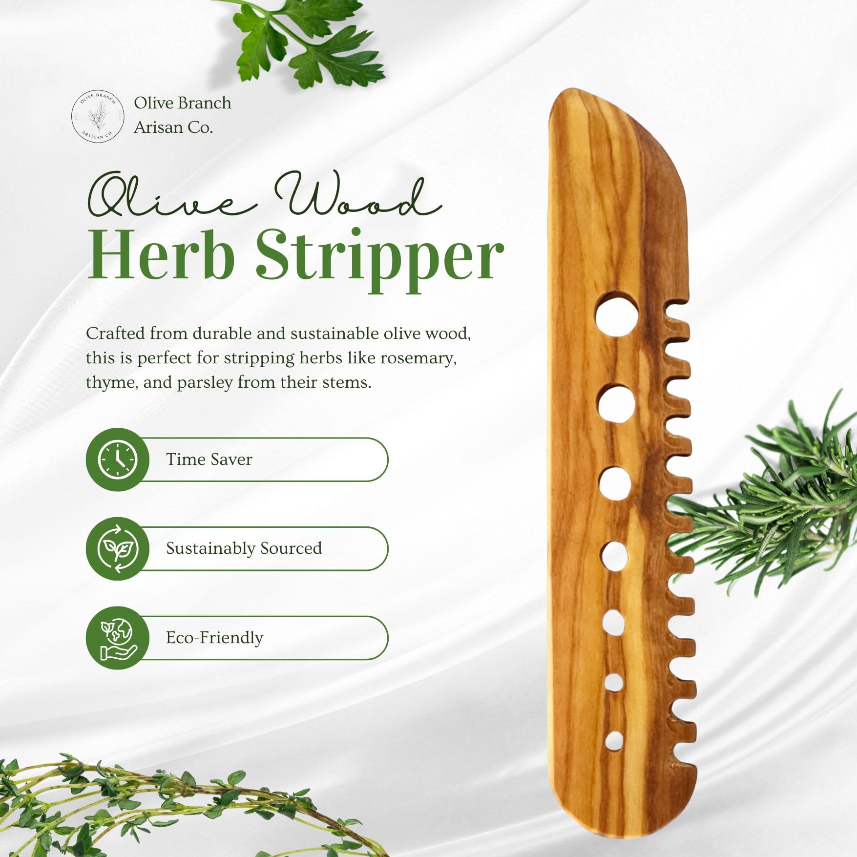 Olive Wood Herb Stripping Tool - Handmade Wooden Cutting Knife for Kitchen - Perfect for Chopping Herbs, Vegetables & Spices - Ideal for Home Chefs & Cooking Enthusiasts
