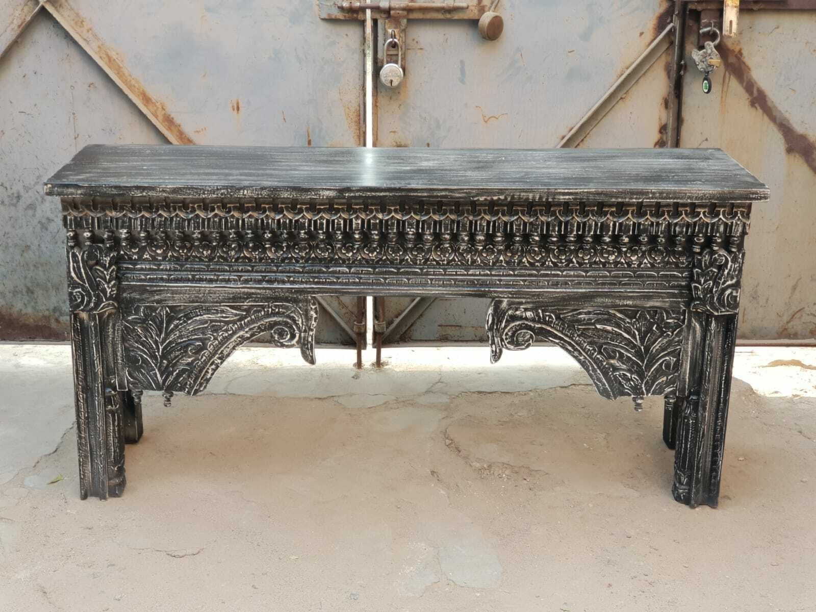 Hand Carved Indian Solid Wood Console Table - Elegant Entryway Hall Table for Living Room, Foyer & Home Decor - Black Finish