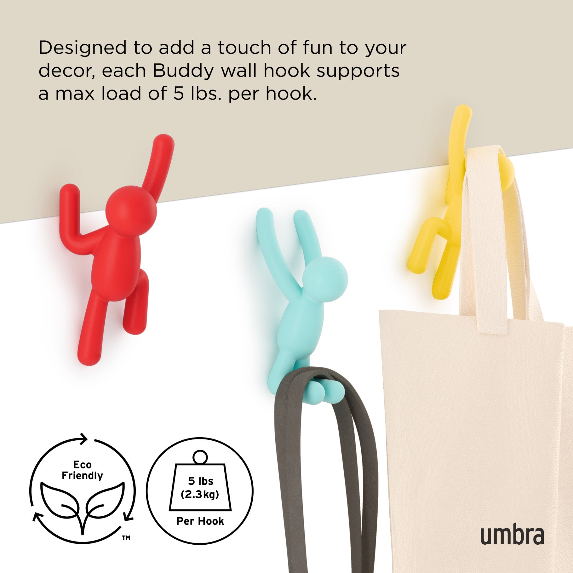 Buddy Wall Hooks Set of 3 - Heavy Duty Adhesive Hooks for Hanging Coats, Hats & Keys - Perfect for Home, Office & Dorm Organization