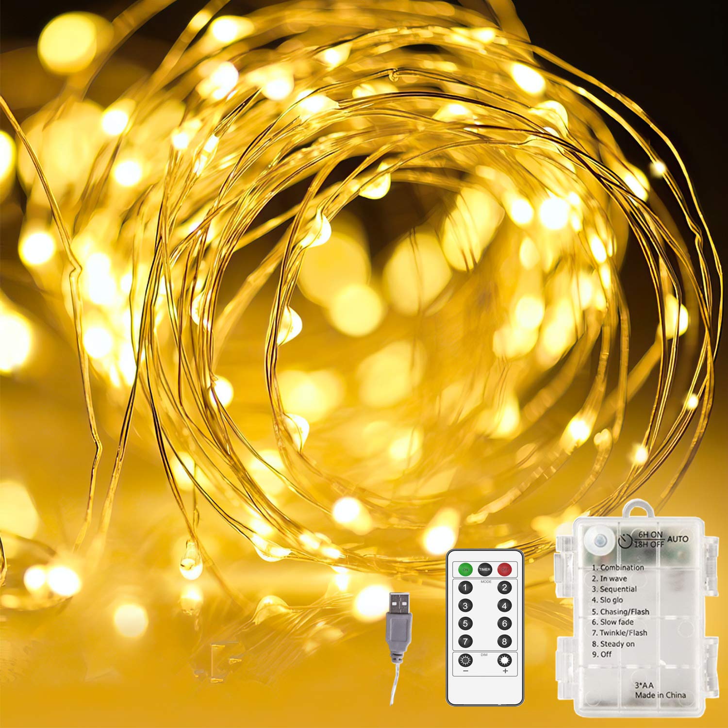 Areskey 33Ft 100 LED Fairy String Lights with Remote Control - USB/Battery Powered Waterproof Starry Wire Lights for Indoor & Outdoor Christmas Decorations - Perfect for Bedroom, Garden, Party & Wedding Decor (Warm White)