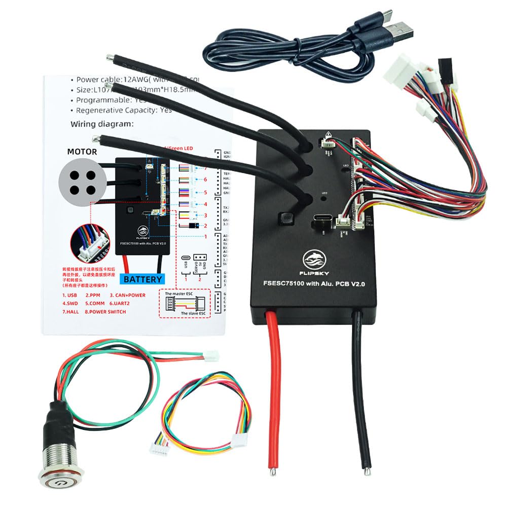 FLIPSKY 75100 V2.0 VESC-Based Speed Controller for Electric Skateboard, Scooter & Ebike - Aluminum PCB with Power Switch (103x58x18.5mm, Black) - Perfect for DIY Electric Vehicle Upgrades & High-Performance Motor Control