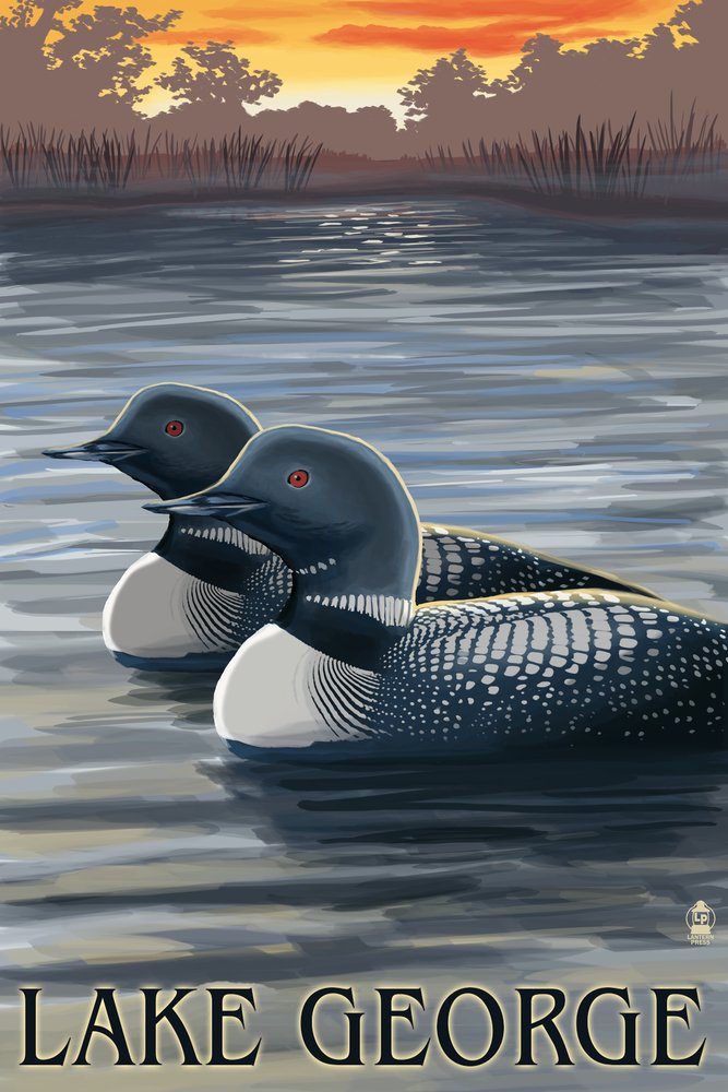 Lake George New York Loons at Sunset 24x36 Signed Art Print - Premium Wall Decor Poster for Living Room, Bedroom & Office