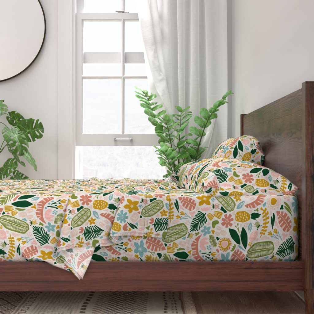 Tropical Adventure 100% Cotton Twin Sheet Set 3pc - Colorful Geometric Floral Boho Jungle Print Bedding | Soft & Breathable for Modern Bedroom Decor