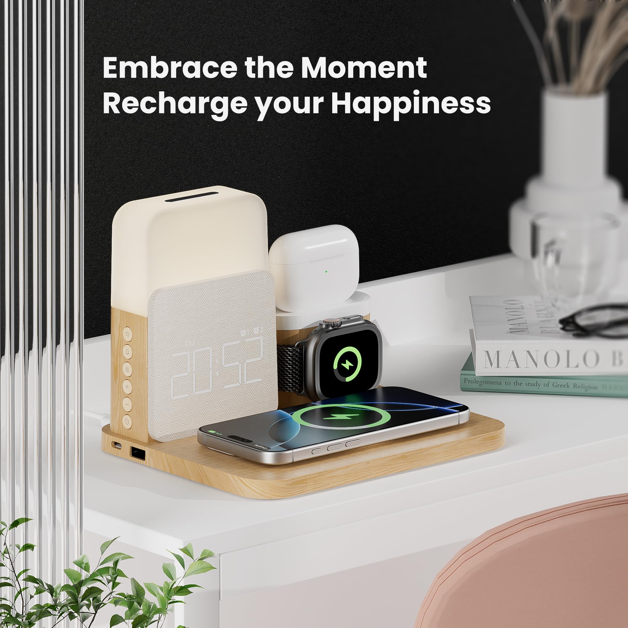 7-in-1 Wireless Charging Station with Alarm Clock & Night Light - MagSafe Charger for iPhone 16/15/14/13/12 Pro Max, Apple Watch & AirPods - Perfect Bedside Organizer for Bedrooms, Office & Travel