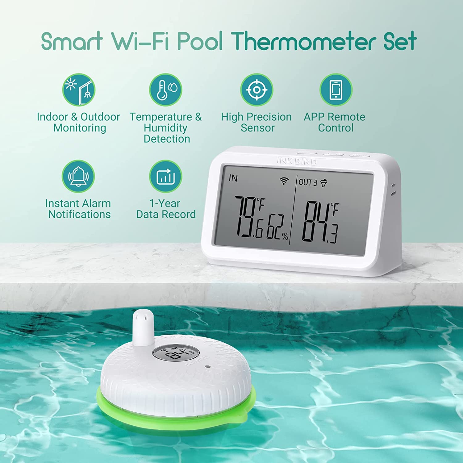 Wireless Pool Thermometer Set IBS P02R with WIFI Gateway IBS M2 - Smart Swimming Pool Temperature Monitor for Home & Backyard Use